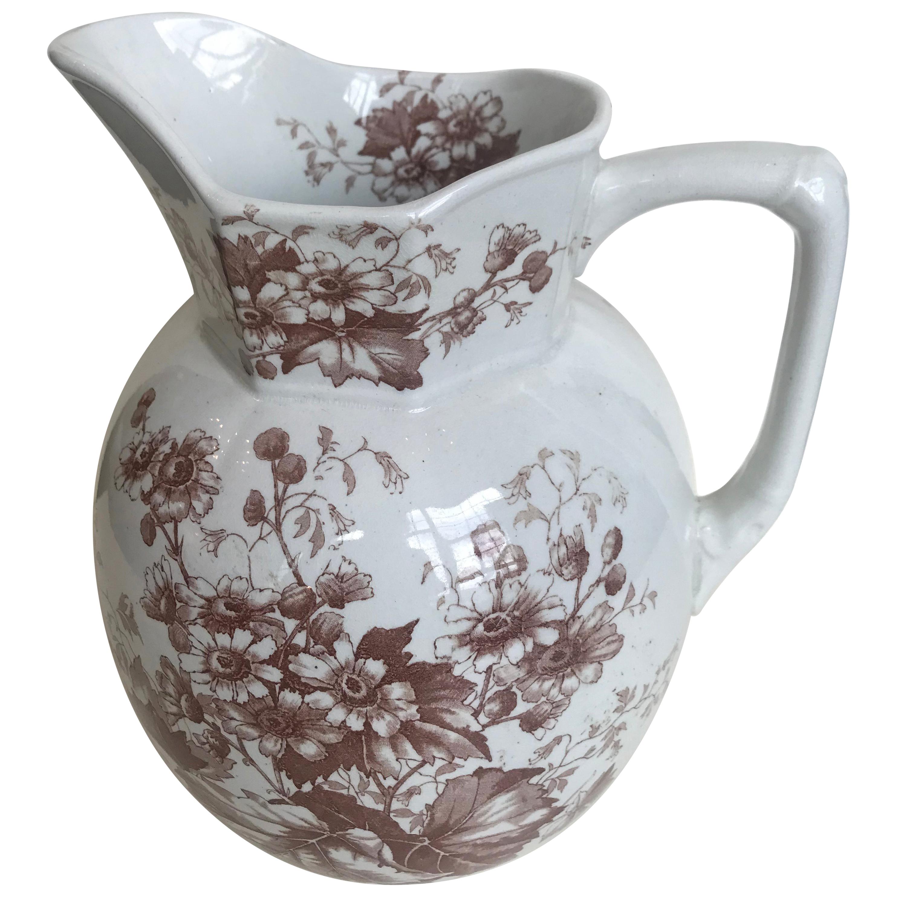 19th Century English Floral Ironstone Pitcher For Sale