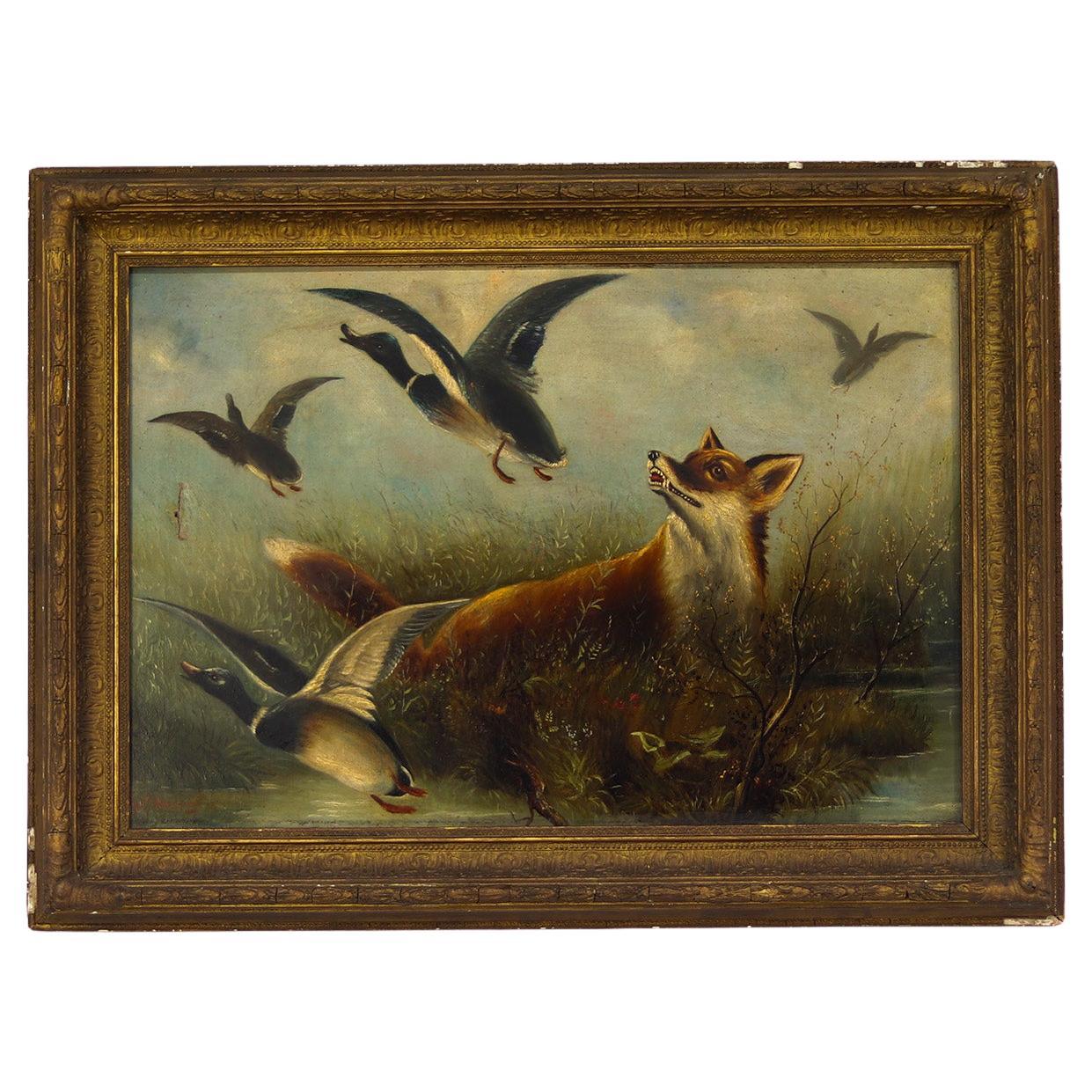 Englisches Volkskunstgemälde des 19. Jahrhunderts, das einen jagenden Fuchs mit Enten zeigt im Angebot