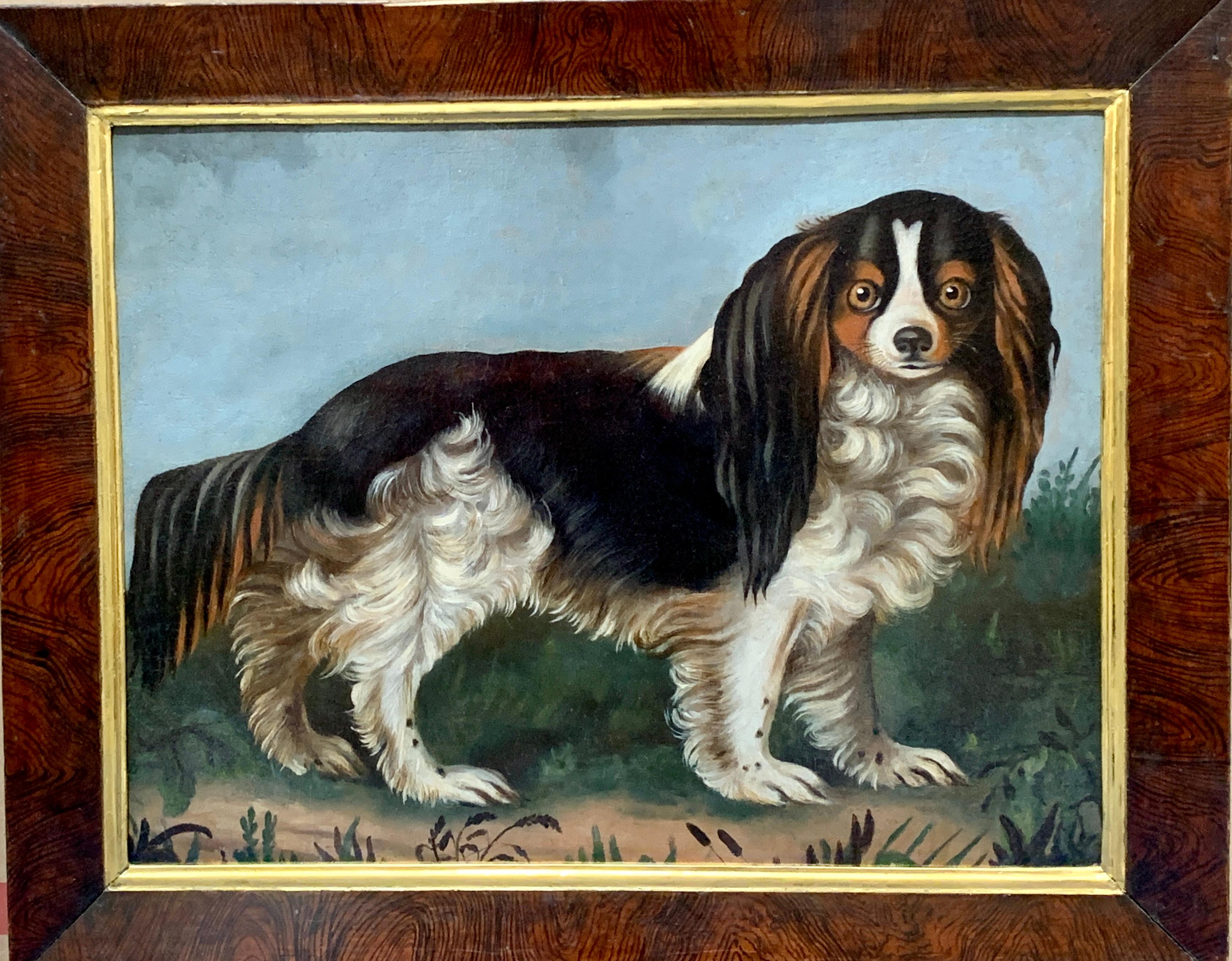 Unknown Portrait Painting - 19th century English folk art portrait of a King Charles Cavalier Spaniel dog 