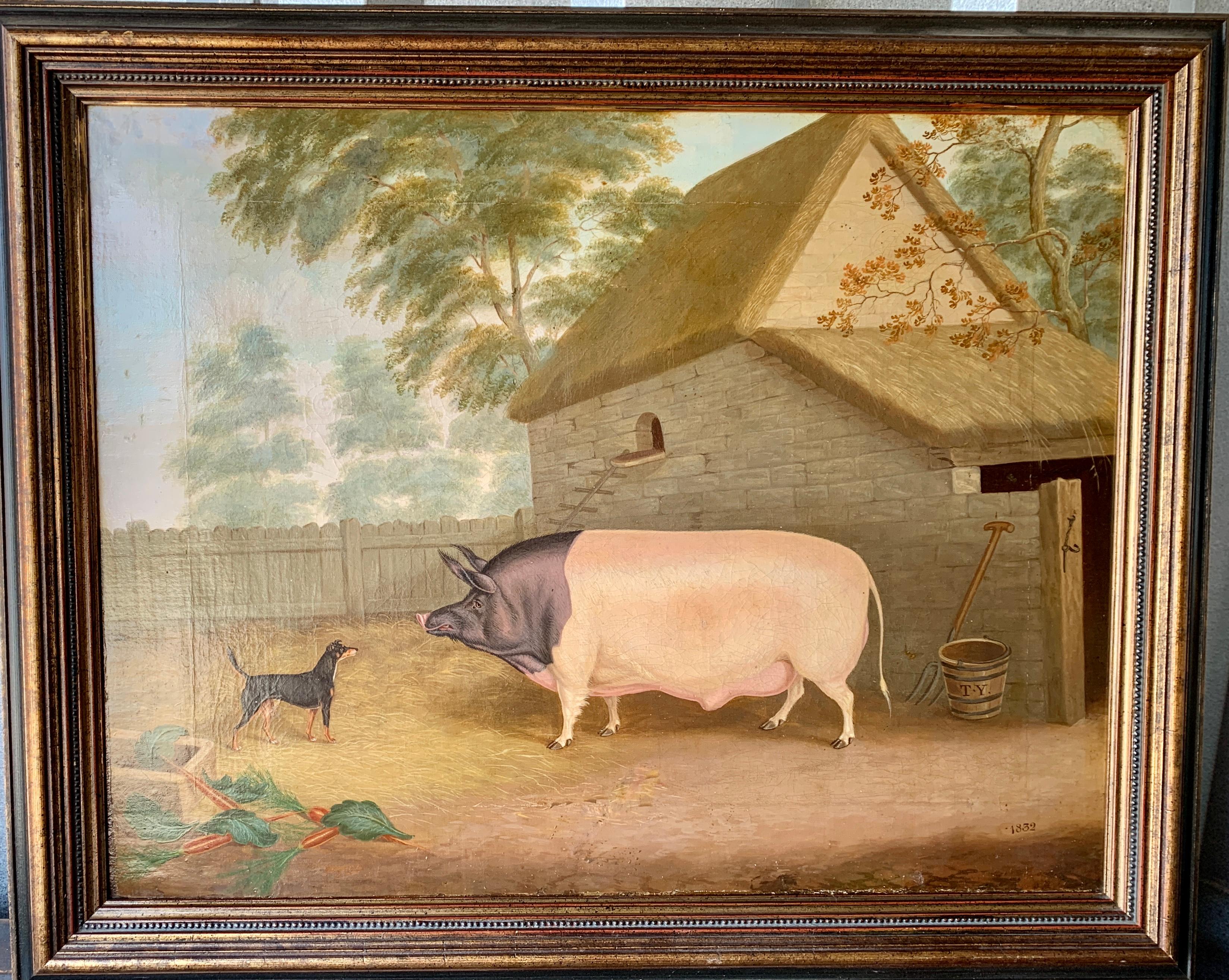 Unknown Portrait Painting - 19th Century English Folk art, Prize Pig and terrier in a landscape with barn