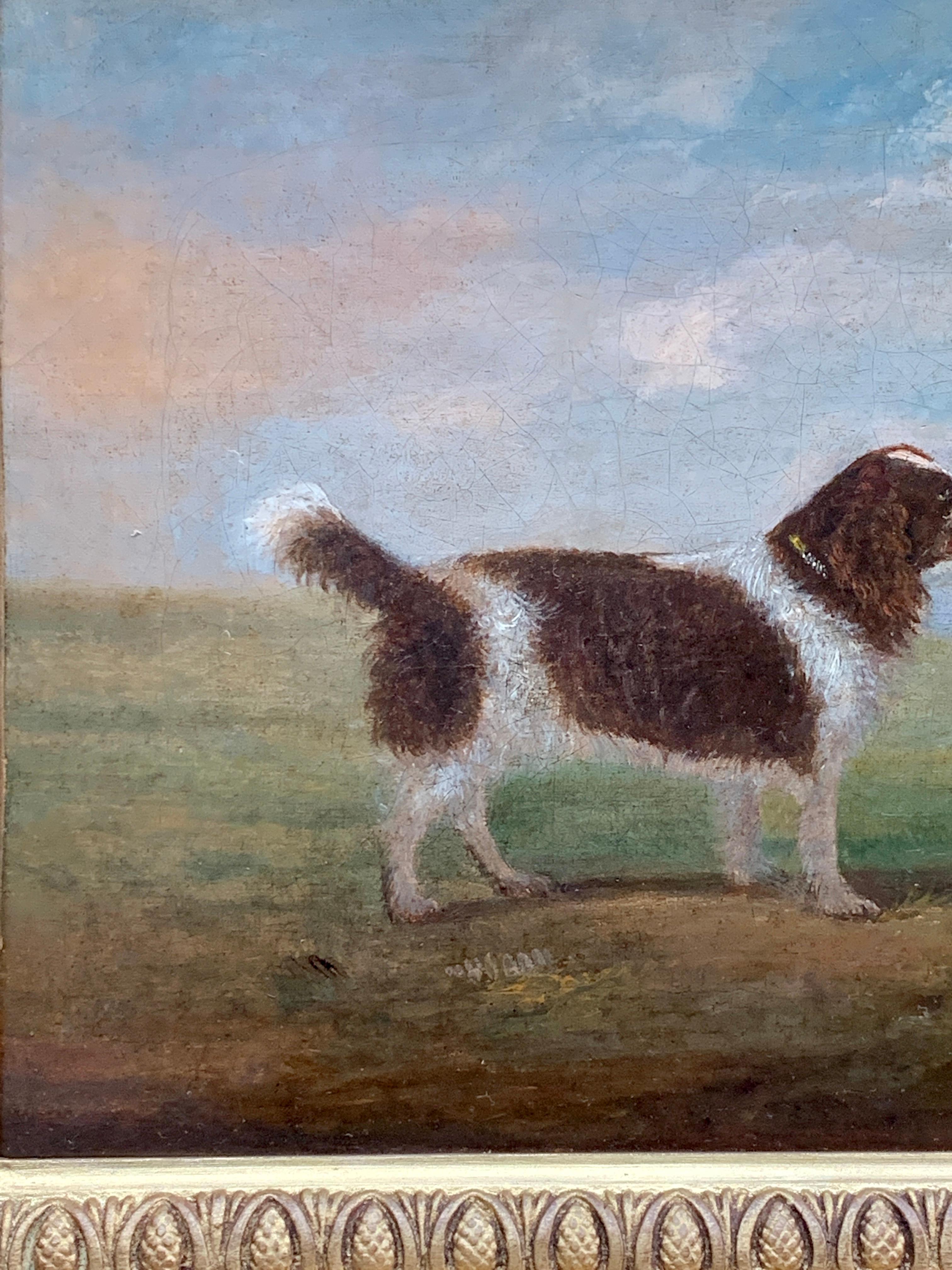 Portrait de chien épagneul dans un paysage d'art populaire anglais ancien du 19ème siècle - Artisanat Painting par Unknown