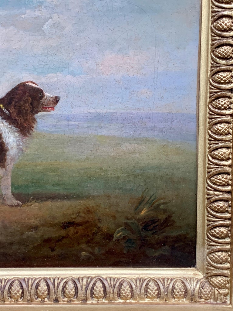 Antique 19th century English Folk Art Spaniel dog portrait in a landscape For Sale 1