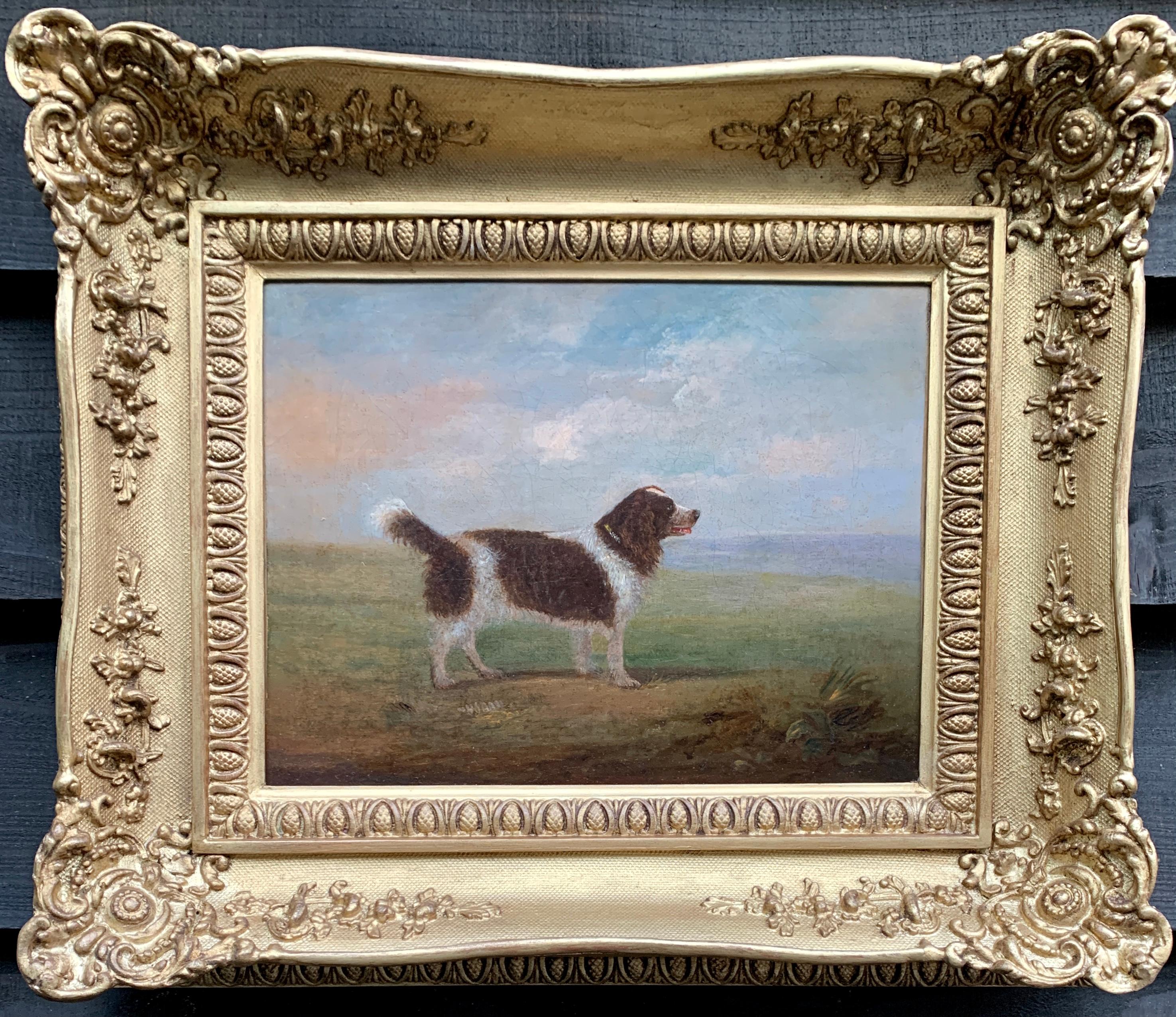 Antique 19th century English Folk Art Spaniel dog portrait in a landscape