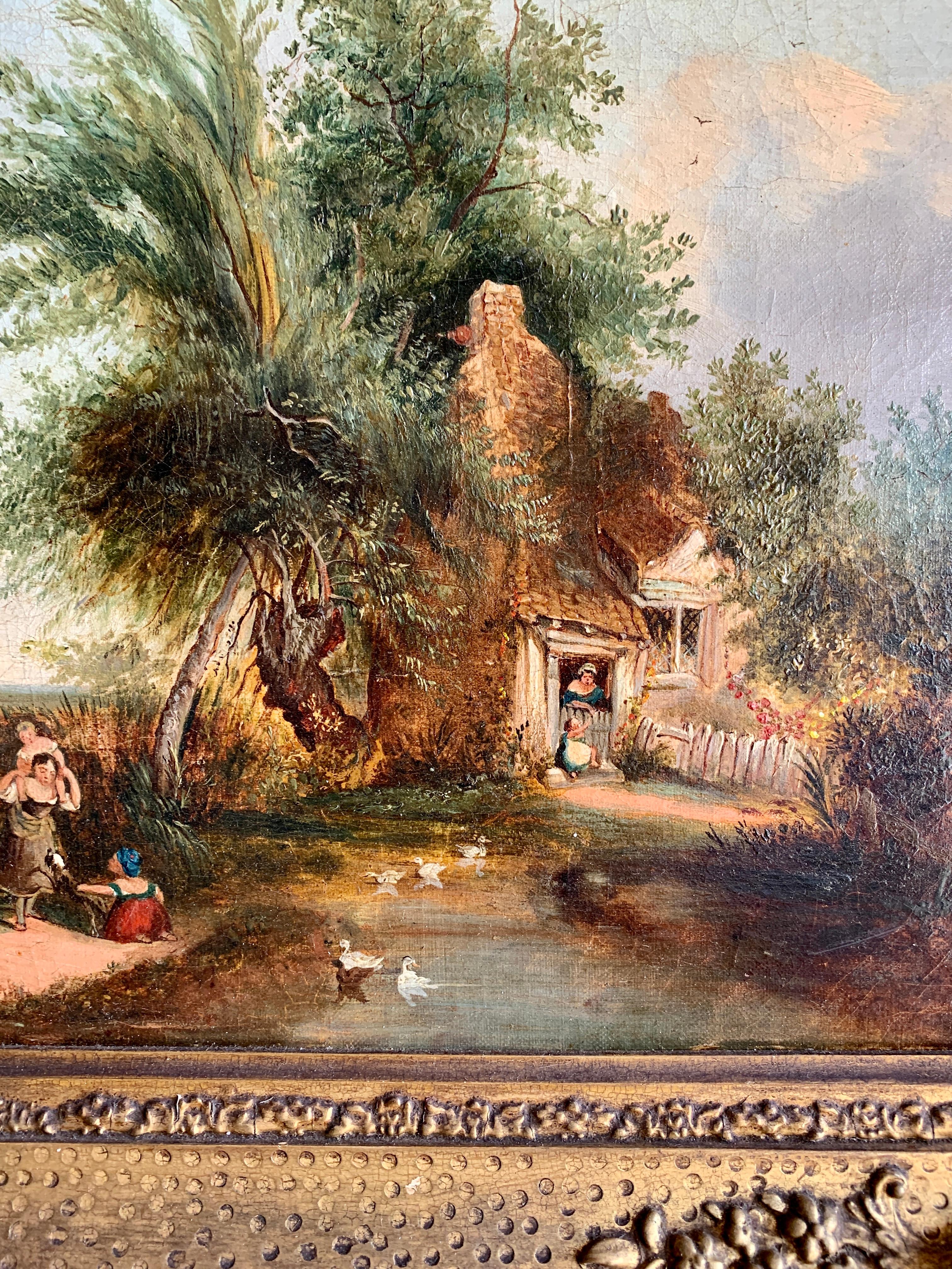 19th century English Folk Art Cottage landscape with figures playing by a pond - Painting by Unknown