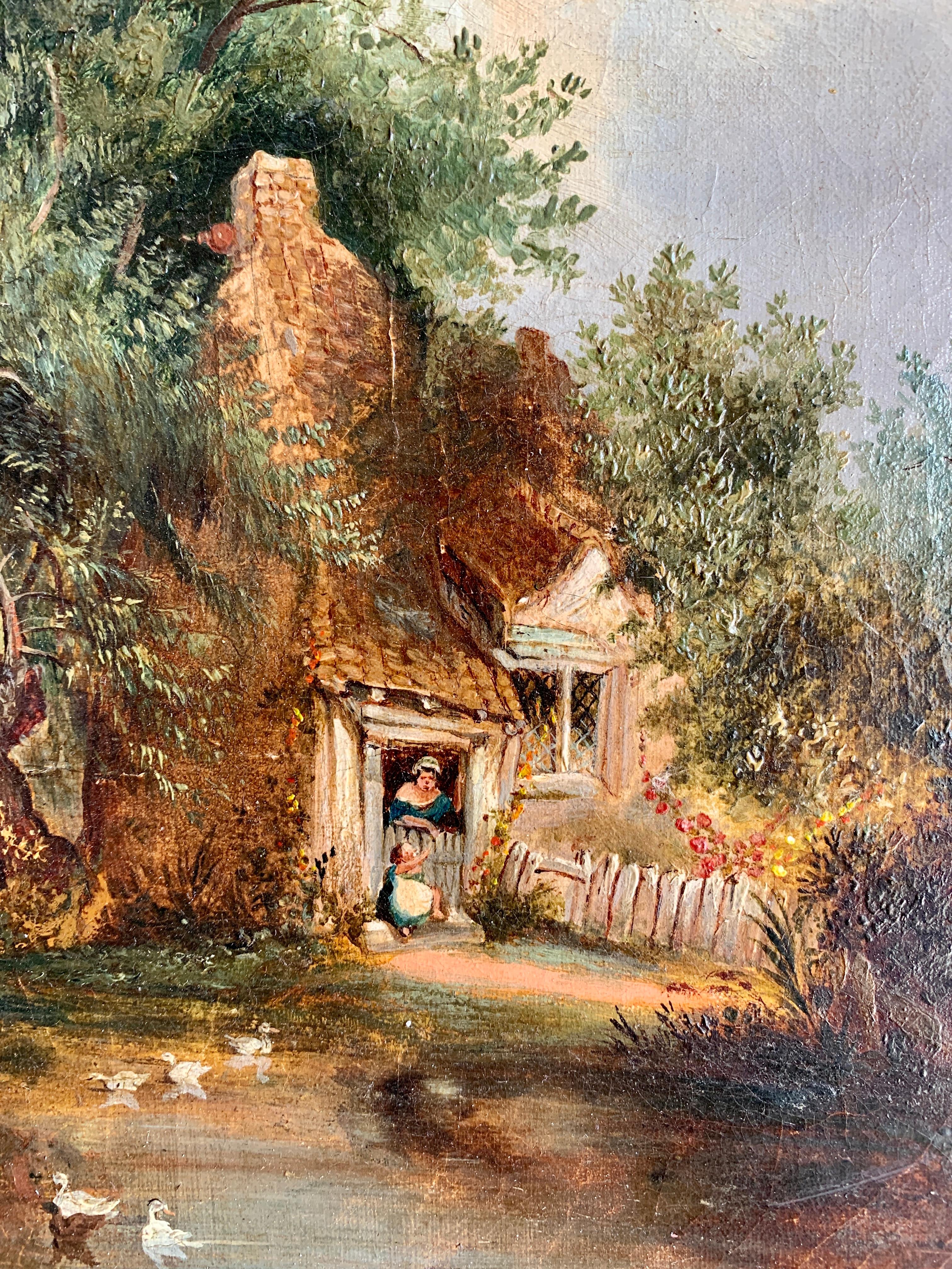 Englische Volkskunst- Cottage-Landschaft des 19. Jahrhunderts mit spielenden Figuren auf einem Teich (Braun), Figurative Painting, von Unknown