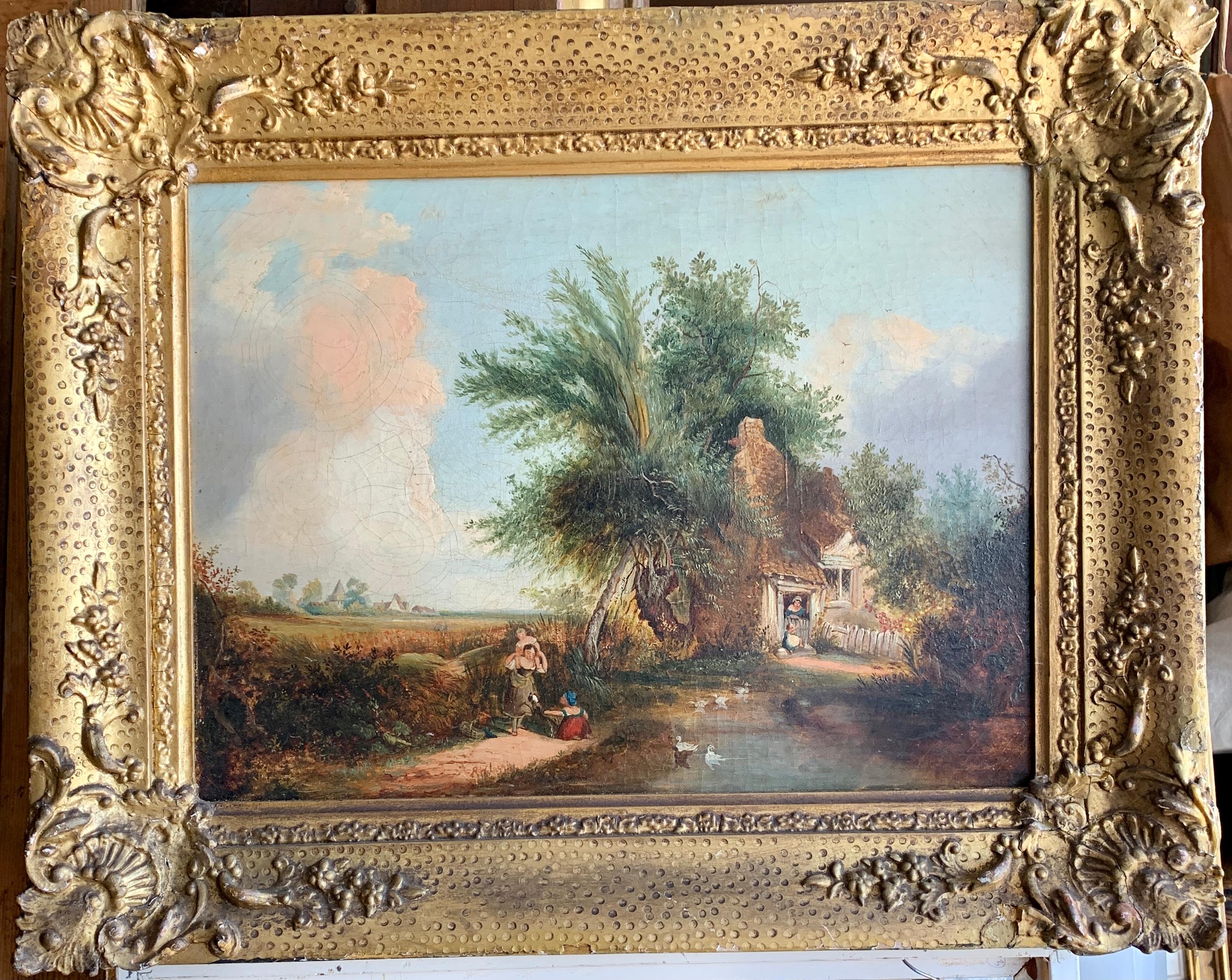 19th century English Folk Art Cottage landscape with figures playing by a pond