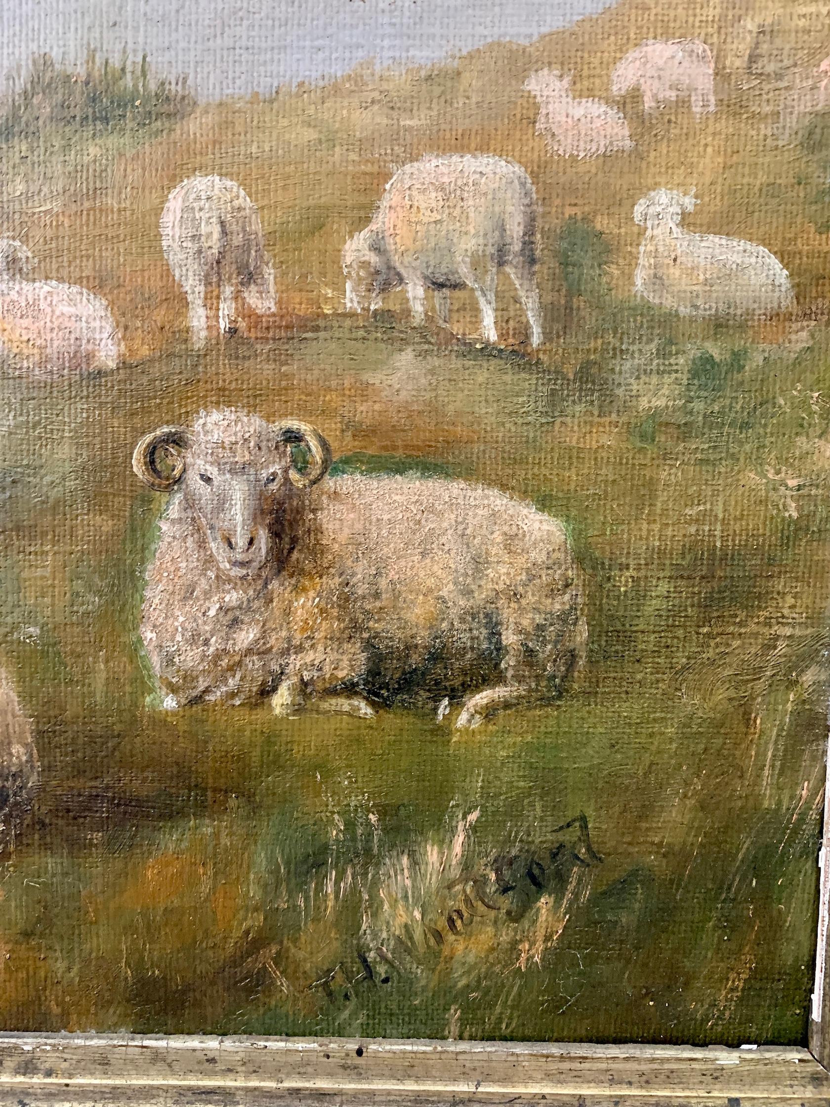 19th Century English folk art of Sheep in a landscape with a maple frame.

 English mid-19th-century folk art painting. The style was very popular from 1820-1880 and many great folk paintings were painted during this period. This is a very nice