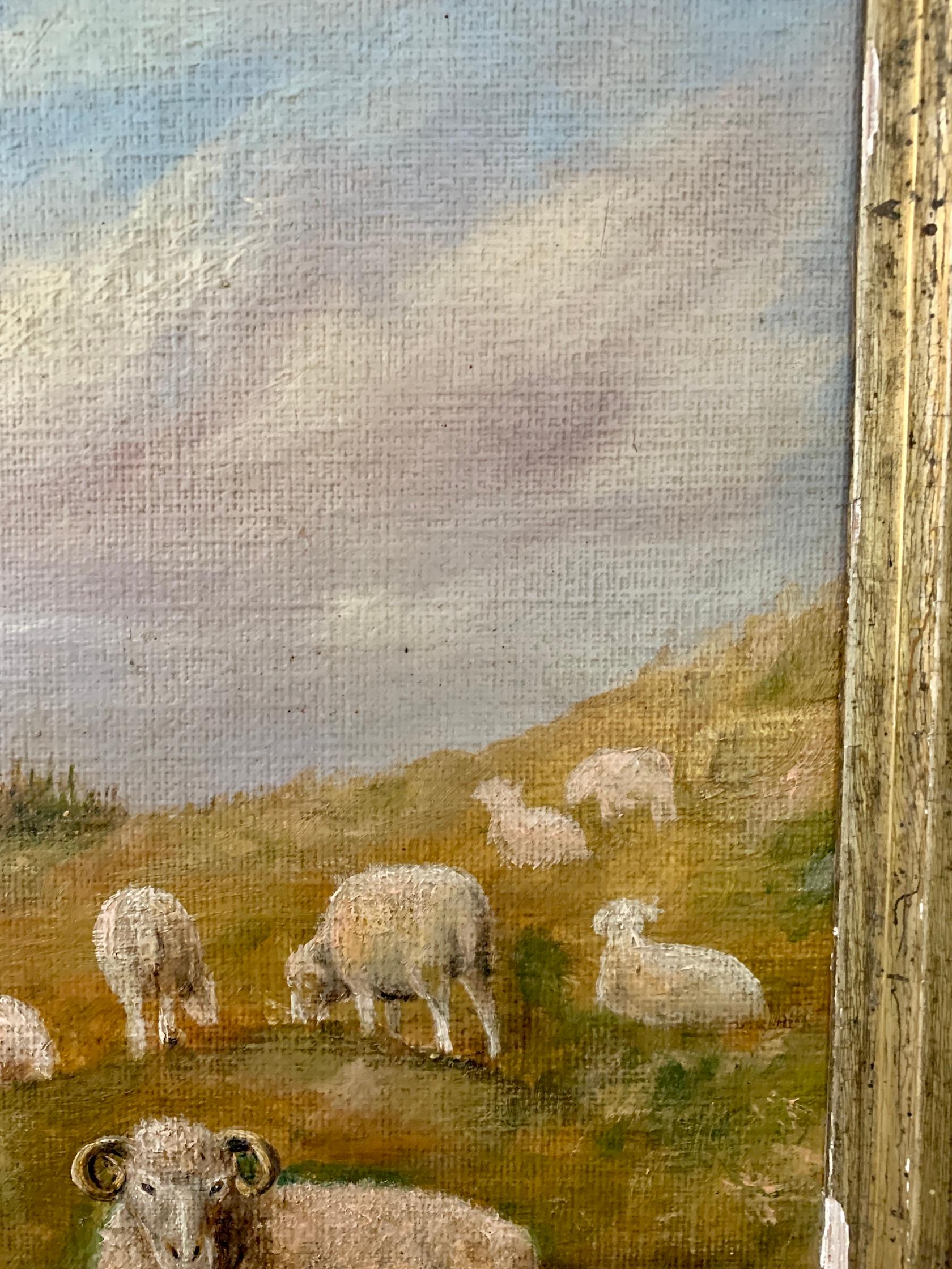 19th Century English folk art of Sheep in a landscape with maple frame For Sale 1