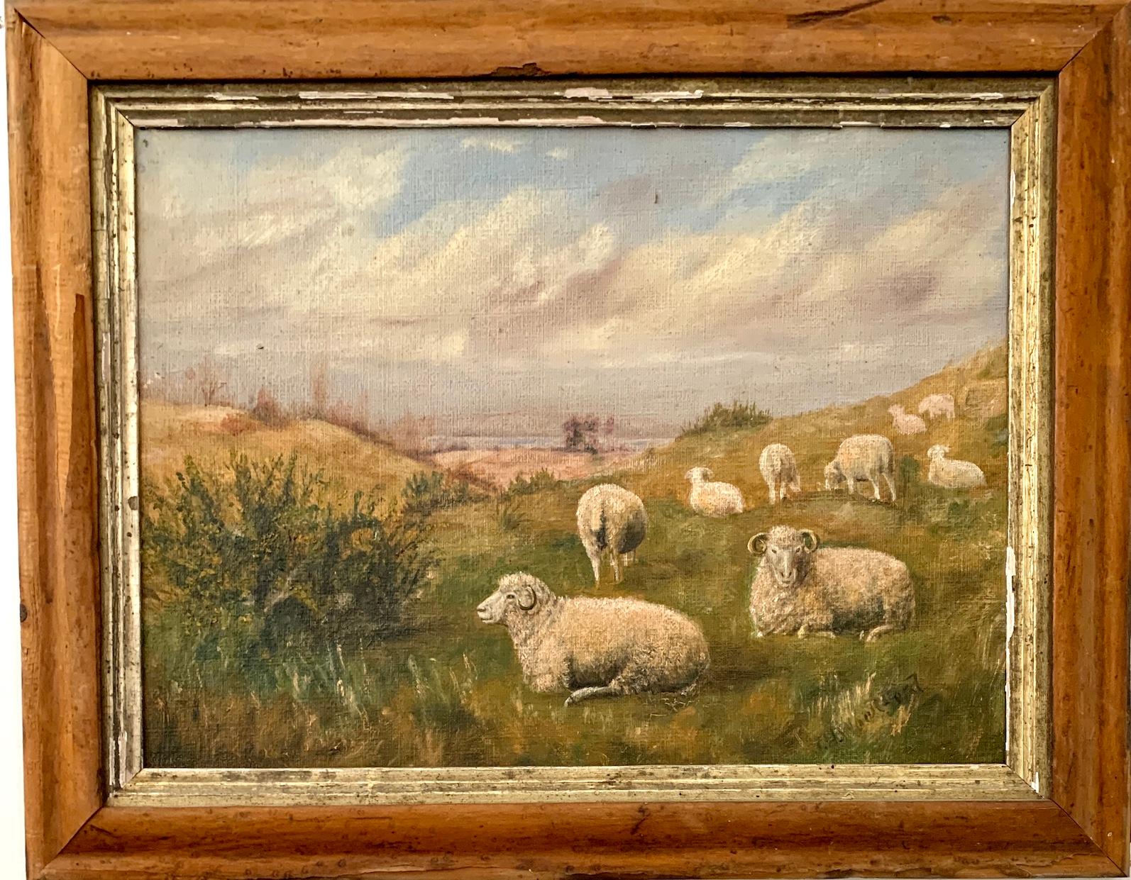 19th century English Folk Art School Landscape Painting - 19th Century English folk art of Sheep in a landscape with maple frame