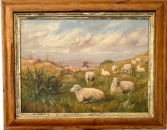 Antique 19th Century English folk art of Sheep in a landscape with maple frame