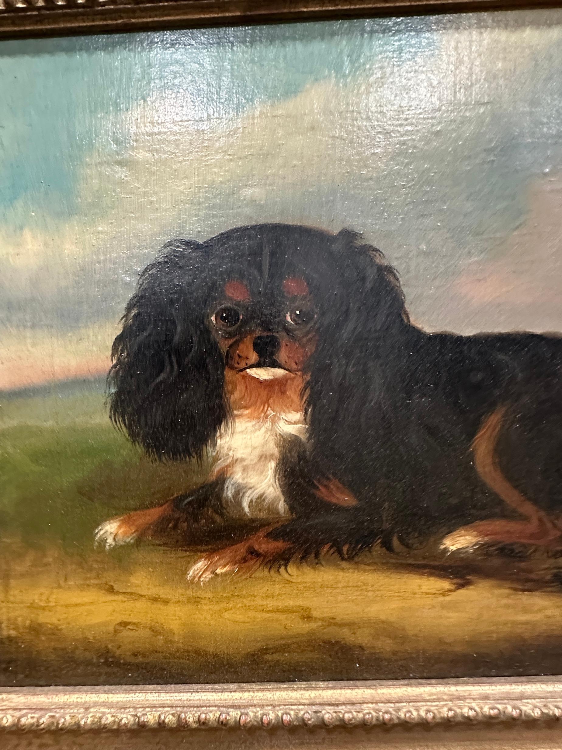 19th century English Folk Art  portrait of a seated King Charles Cavalier dog - Brown Animal Painting by 19th century English Folk Art School