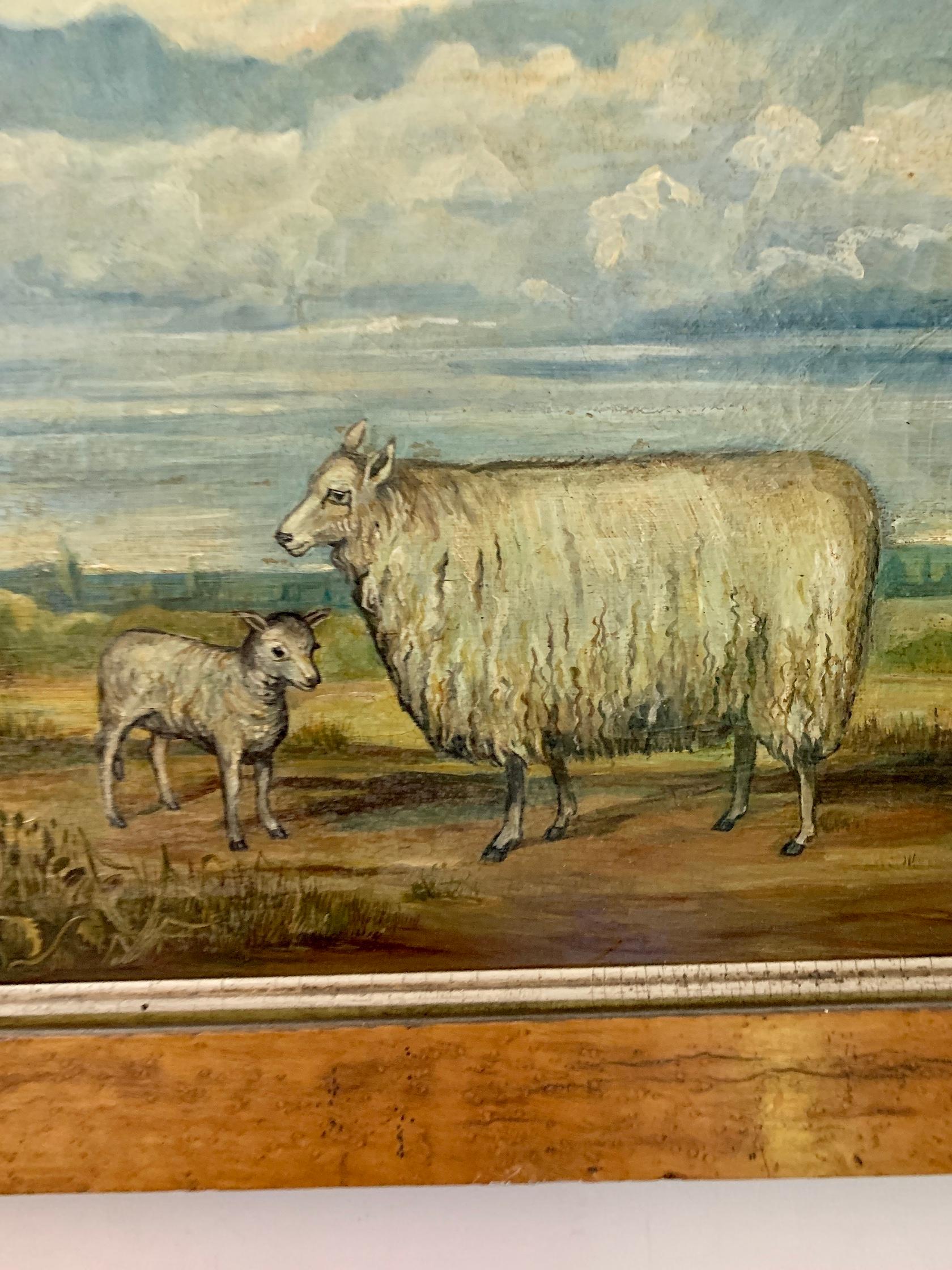 19th century English Folk Art School, Sheep in a landscape with Maple frame 1