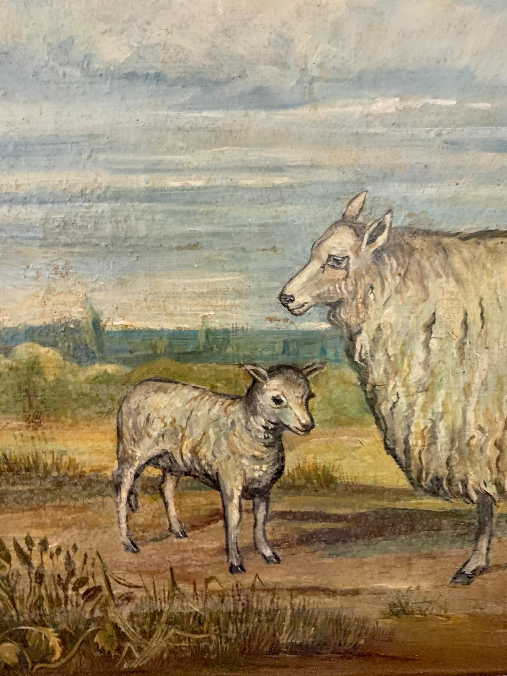 19th century English Folk Art School, Sheep in a landscape with Maple frame 2