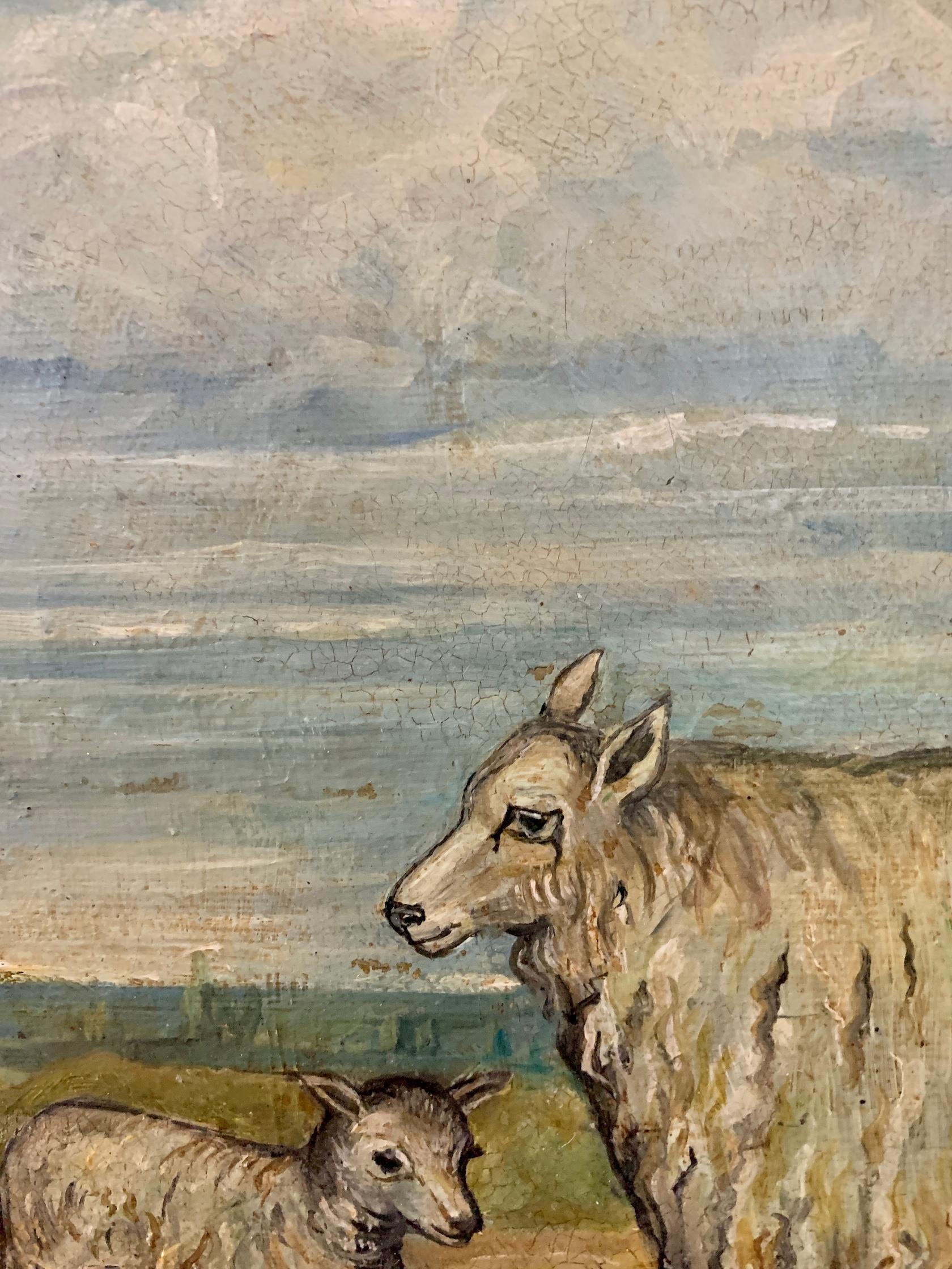 19th century English Folk Art School, Sheep in a landscape with Maple frame 3
