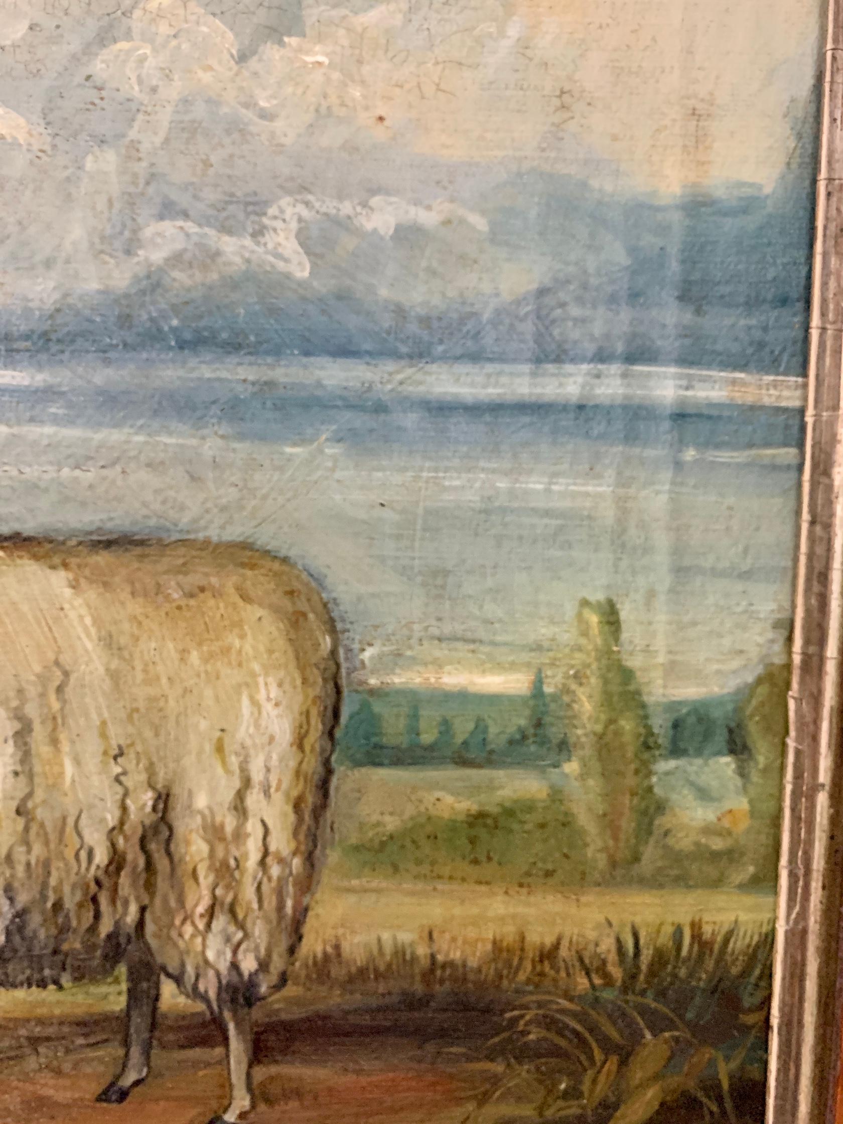 19th century English Folk Art School, Sheep in a landscape with Maple frame 4