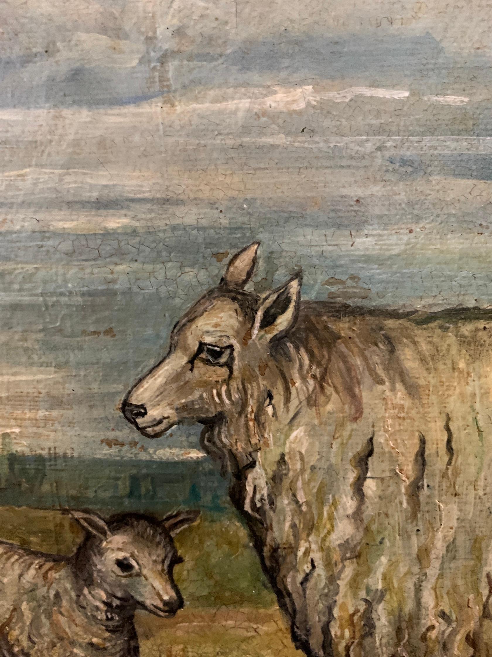 19th century English Folk Art School, Sheep in a landscape with Maple frame 6