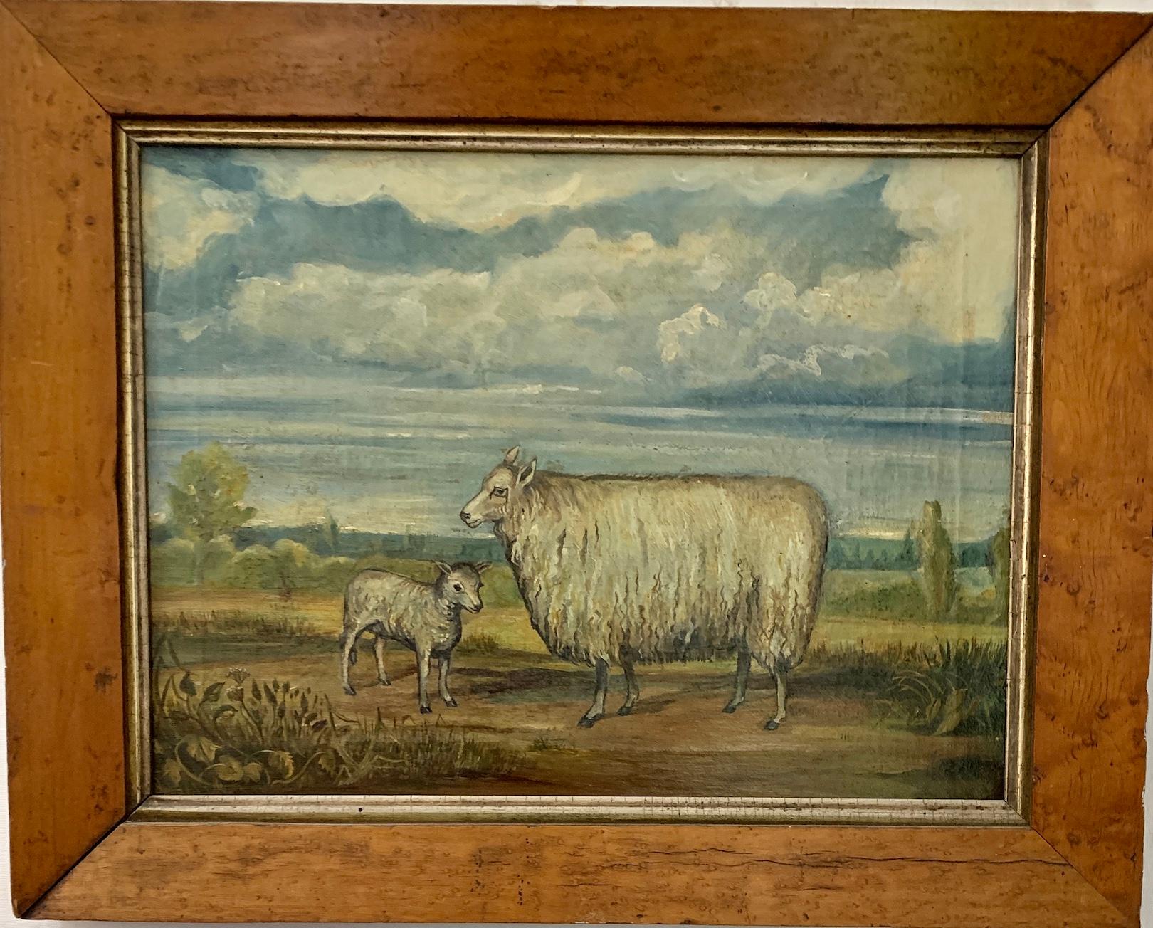 19th-century English Folk Art School, sheep and lamb in an extensive landscape. 

Classic English mid-19th-century folk art painting. The style was very popular from 1820-1880 and many great folk paintings were painted during this period. This is a