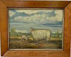 Antique 19th century English Folk Art School, Sheep in a landscape with Maple frame