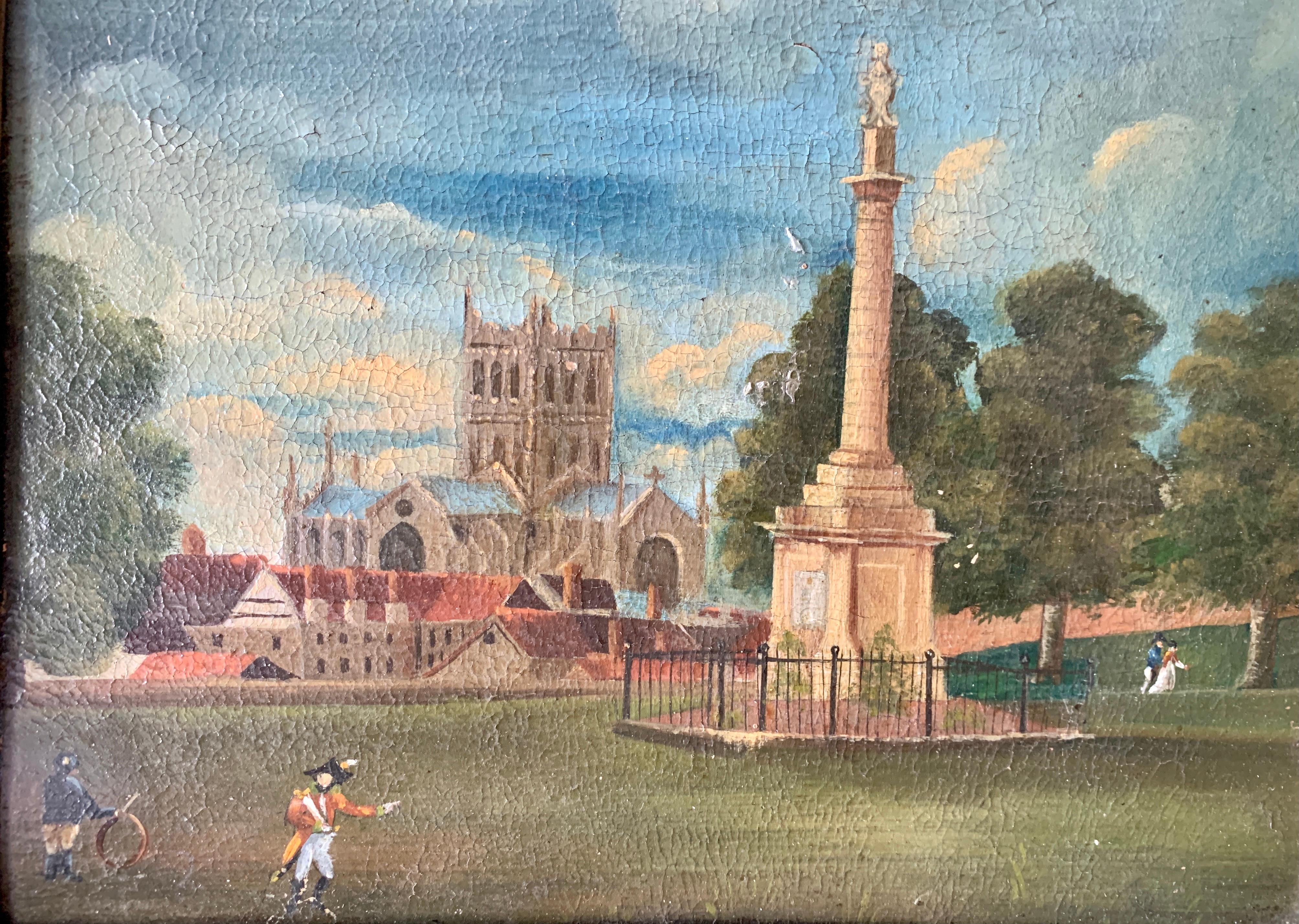 19th century English folk art, Town scene with soldier my a monument and church - Painting by Unknown