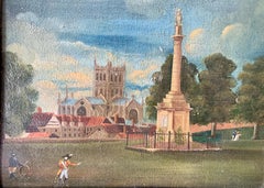 19th century English folk art, Town scene with soldier my a monument and church