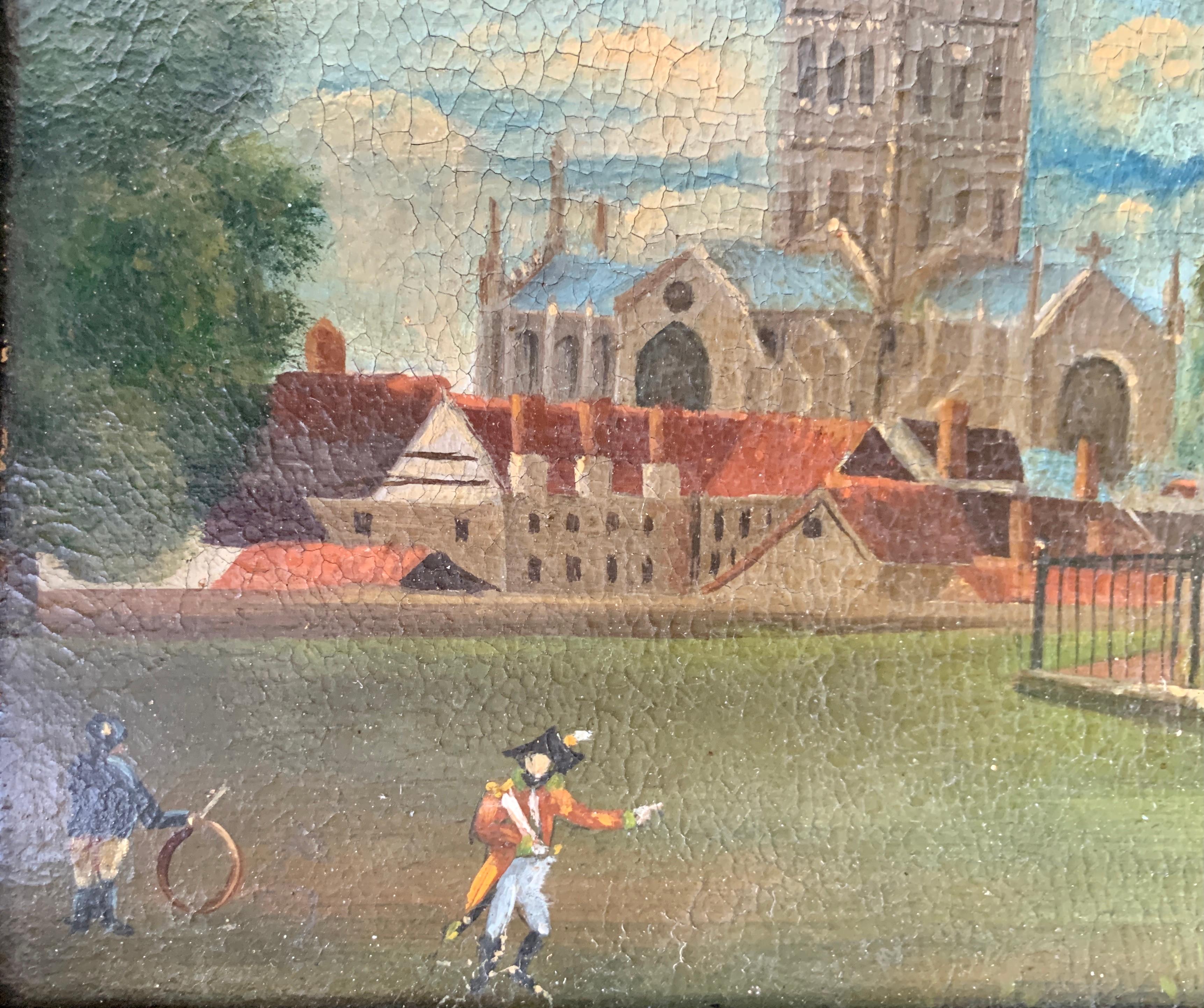 Englische Volkskunst des 19. Jahrhunderts, Stadtszene mit Soldaten, Denkmal und Kirche (Grau), Landscape Painting, von Unknown