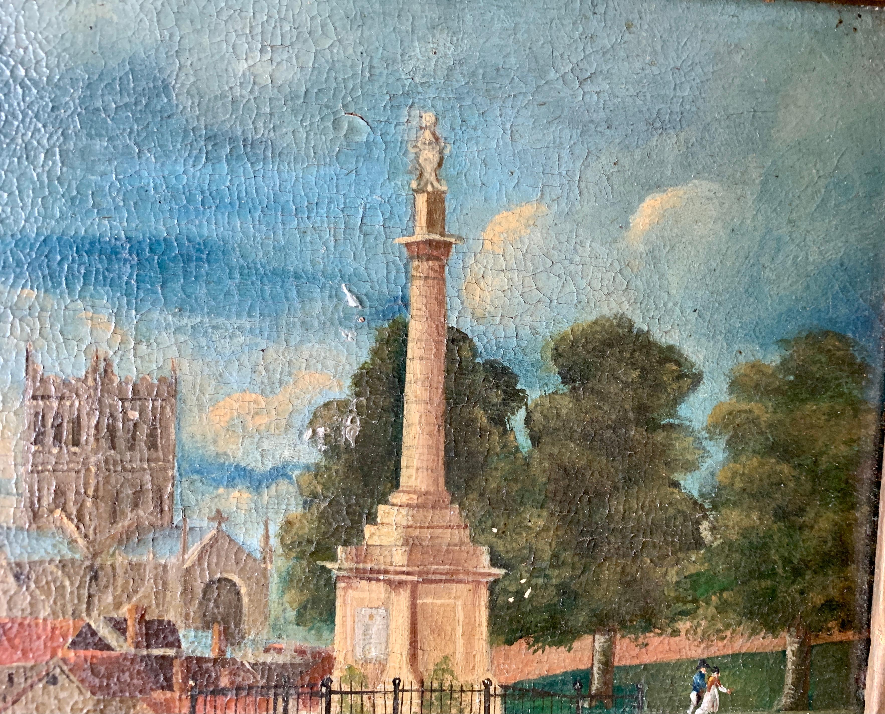 19th century English folk art, Town scene with soldier my a monument and church - Folk Art Painting by Unknown