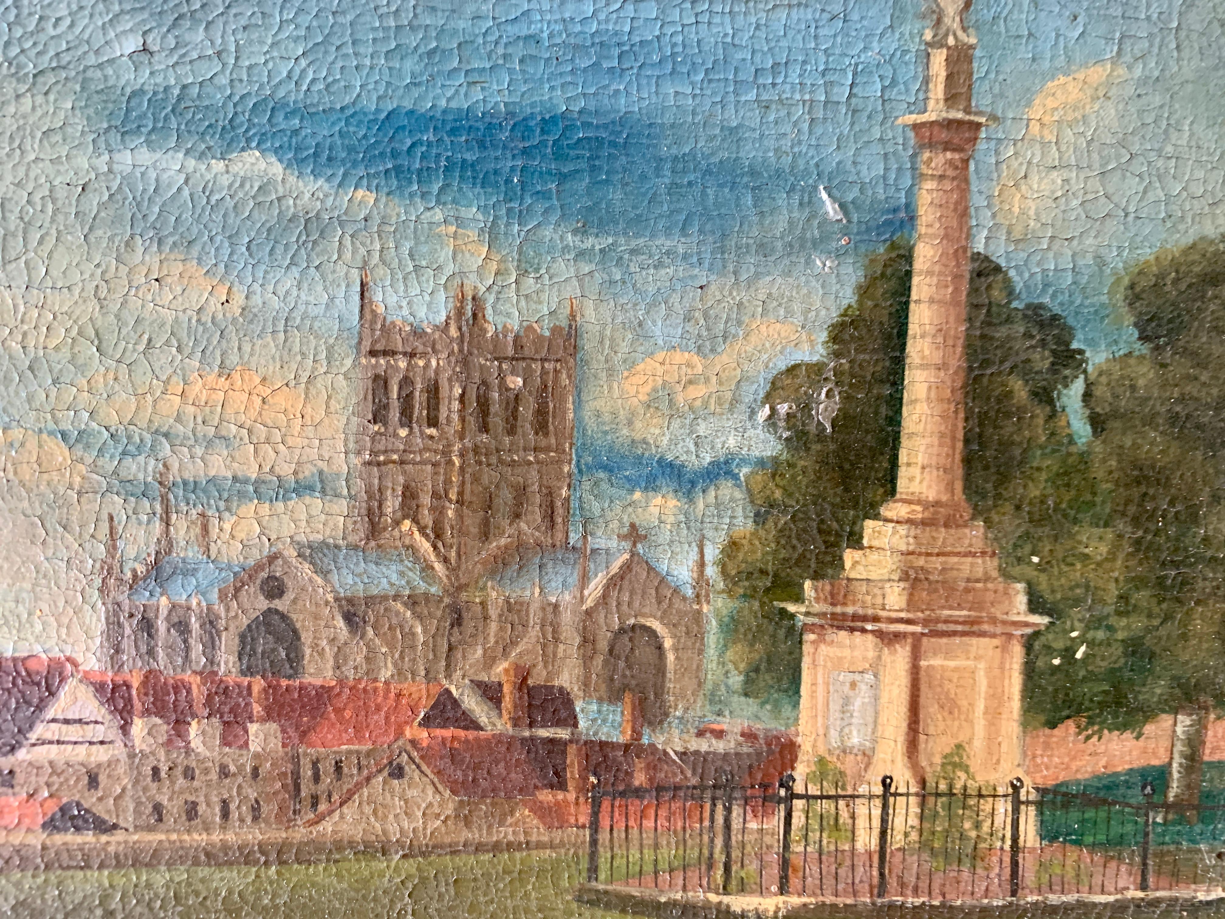 19th century English folk art, Town scene with soldier my a monument and church - Gray Landscape Painting by Unknown