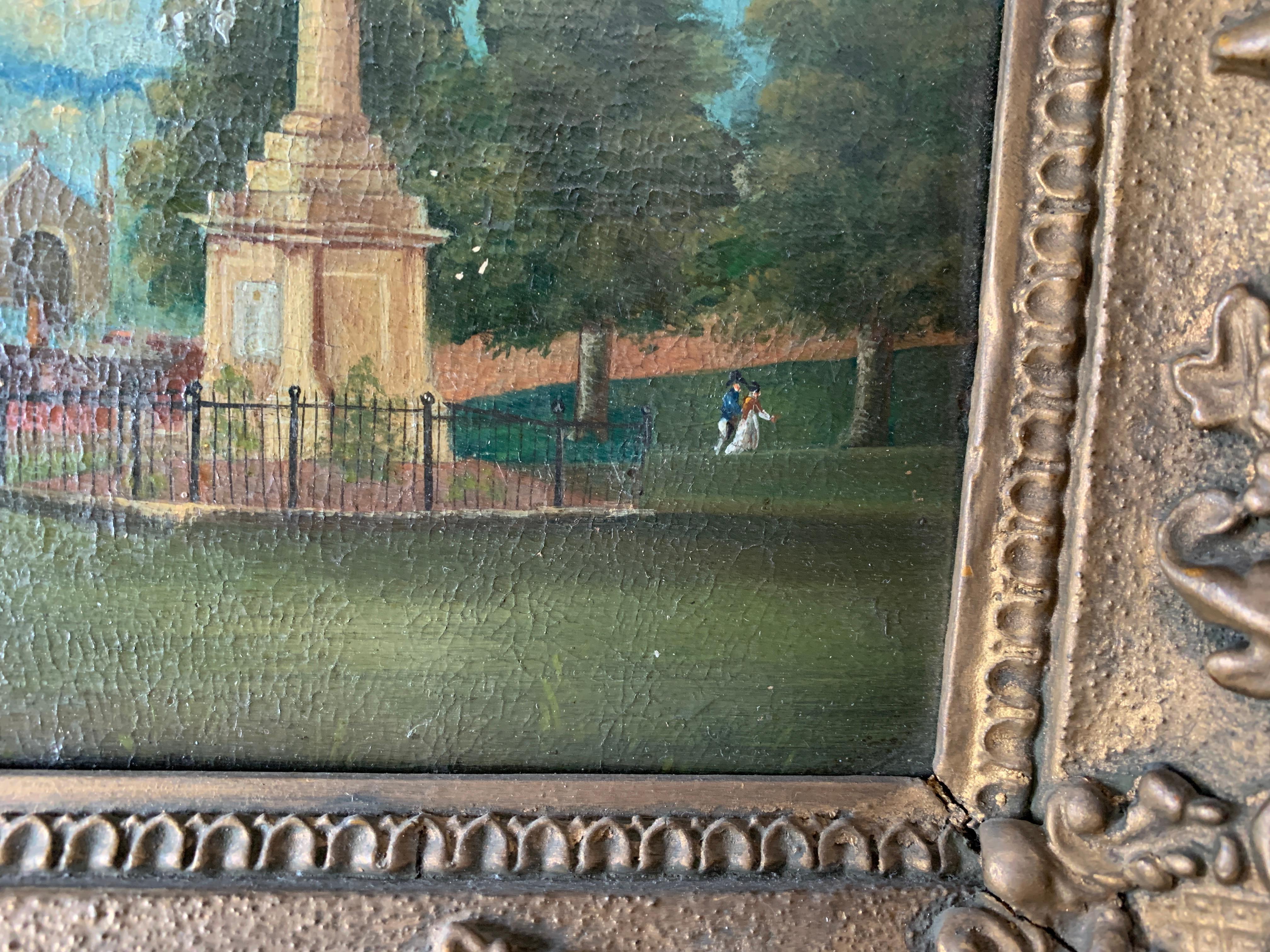 Well painted and very unique oil on a card of an English town landscape with figures, soldier, monument, and a boy on his way to a school with a hoop and stick.

Possible painted for the family of one of the figures in the piece, the painting is a