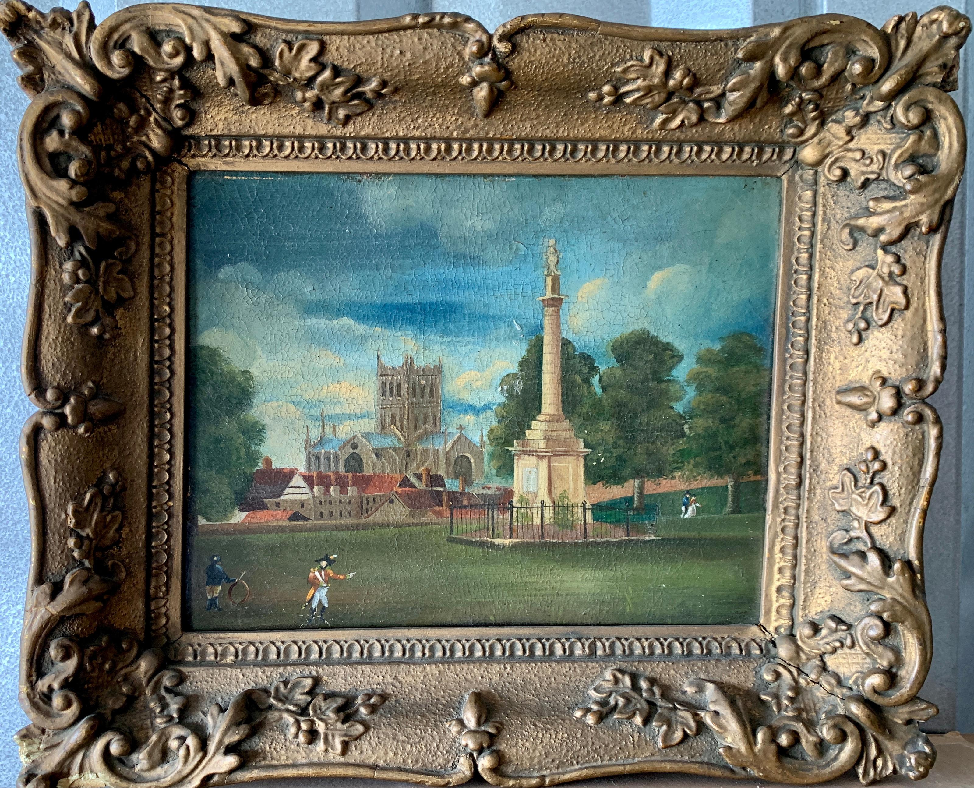 Unknown Landscape Painting – Englische Volkskunst des 19. Jahrhunderts, Stadtszene mit Soldaten, Denkmal und Kirche