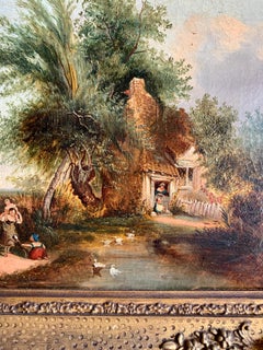 19th century Folk art Cottage with pond, ducks, Willow tree and children playing