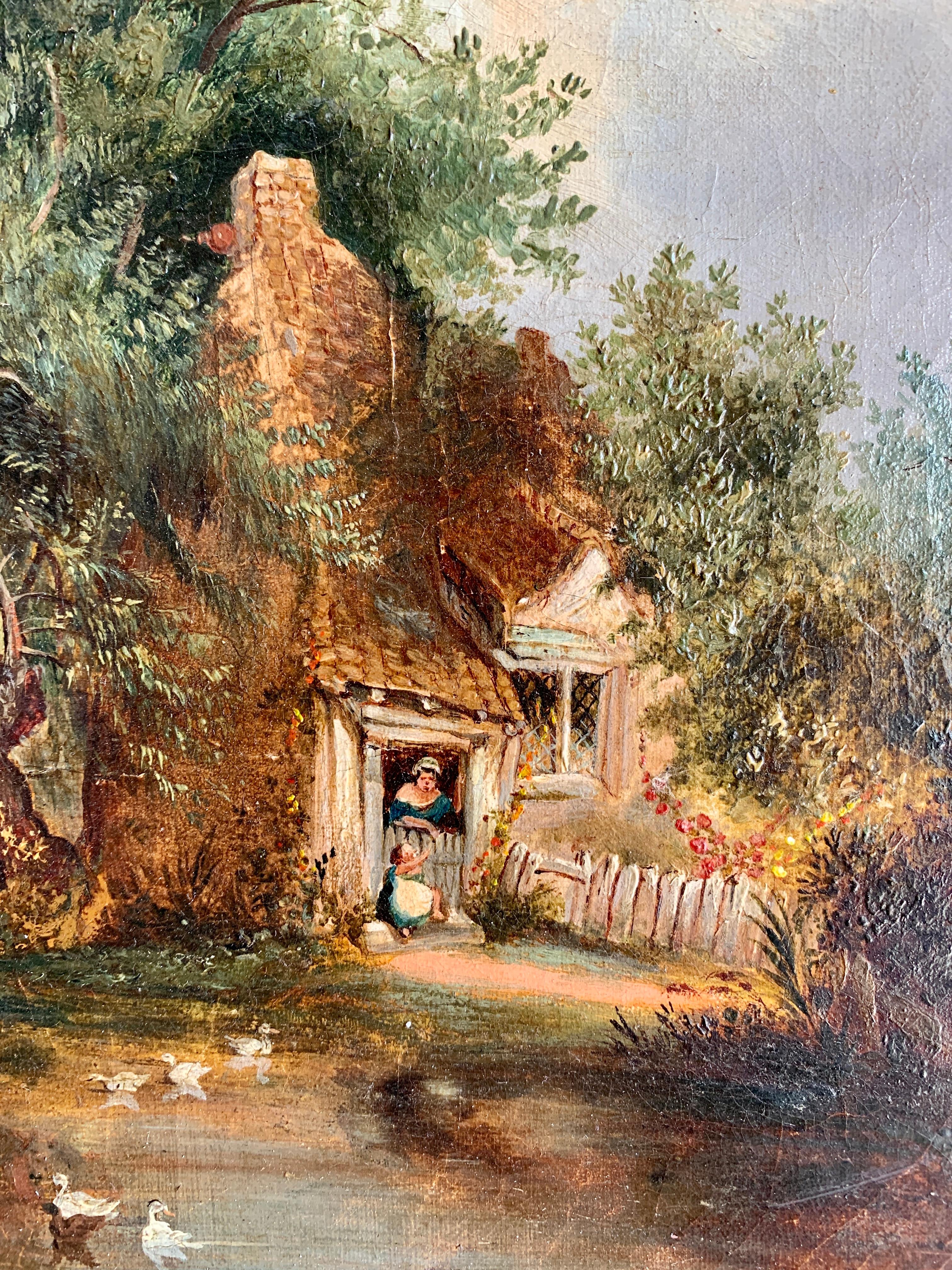 Cottage d'art populaire du 19ème siècle avec étang, canards, saule et enfants jouant - Artisanat Painting par Unknown