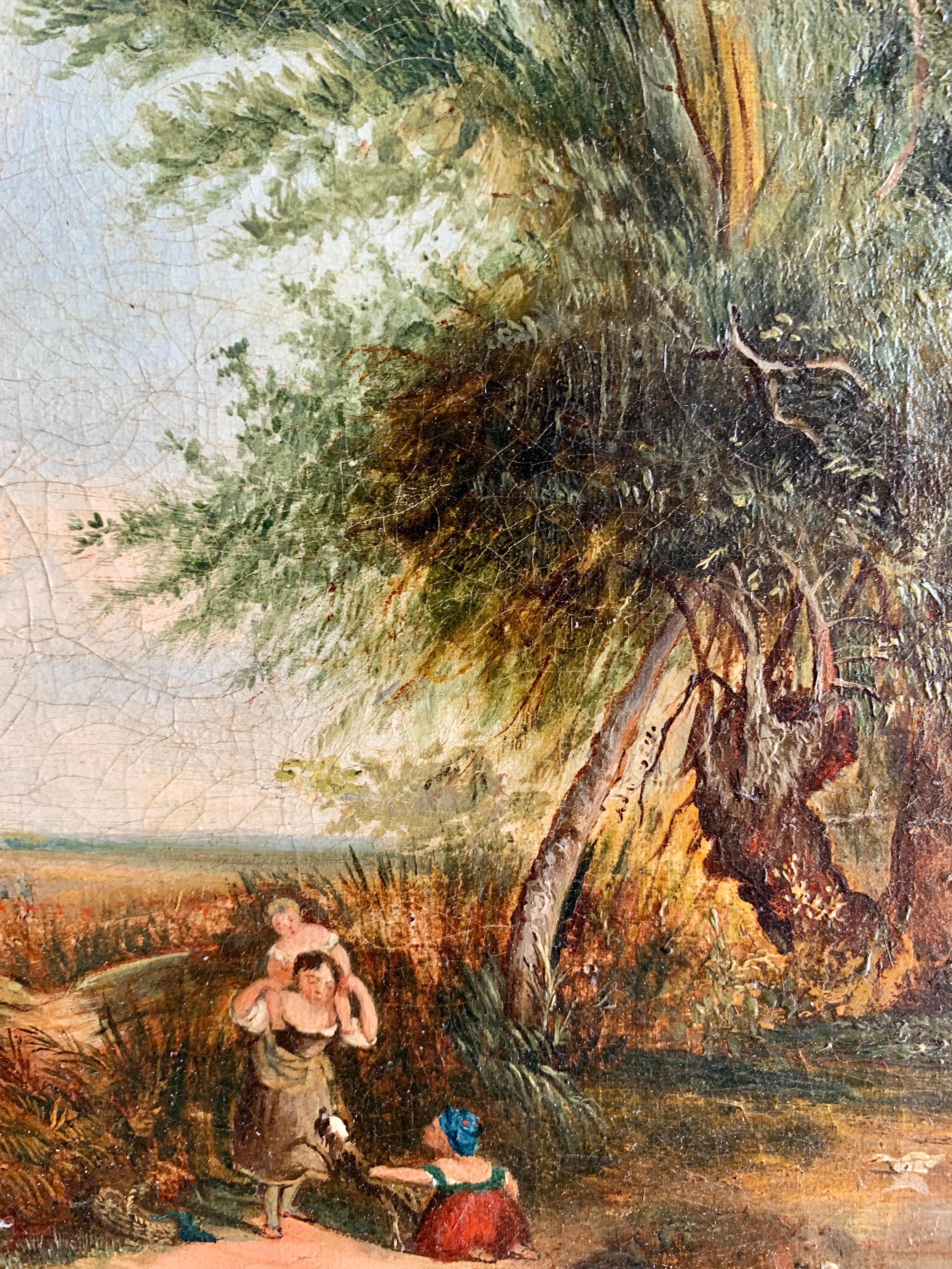 Cottage d'art populaire du 19ème siècle avec étang, canards, saule et enfants jouant - Marron Landscape Painting par Unknown