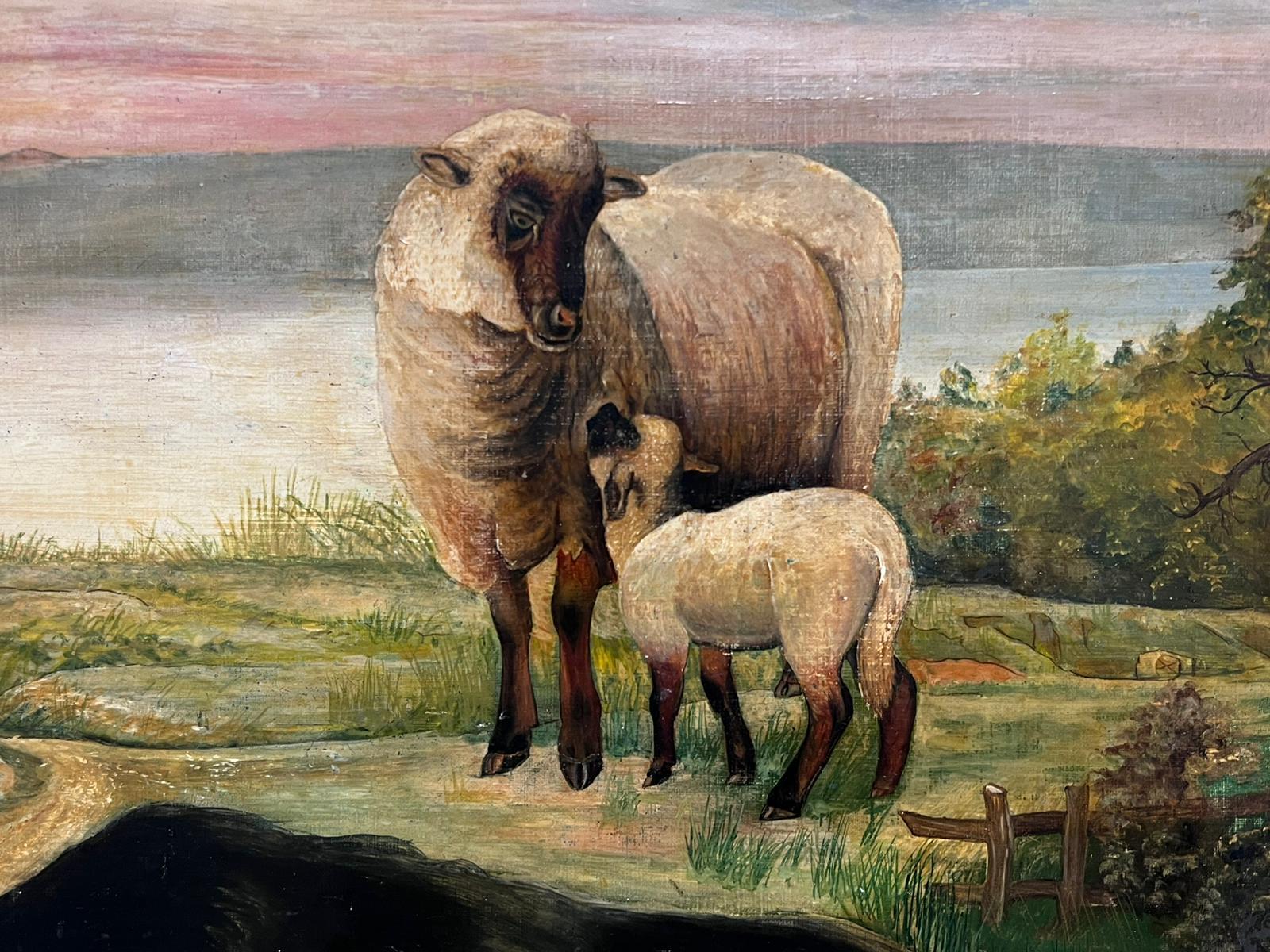 Highland Sheep Dog & Sheep in Loch Landscape English Naive Folk Art Oil Painting 1