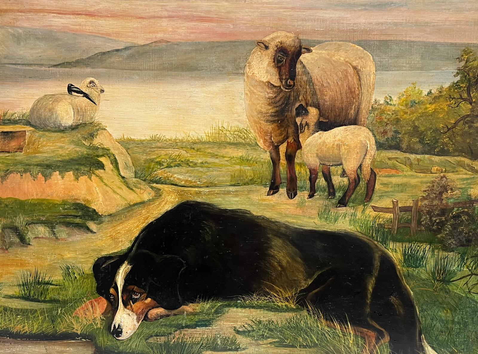 19th century English Folk Art School Landscape Painting - Highland Sheep Dog & Sheep in Loch Landscape English Naive Folk Art Oil Painting