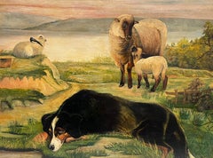 Highland Sheep Dog & Sheep in Loch Landscape English Naive Folk Art Oil Painting
