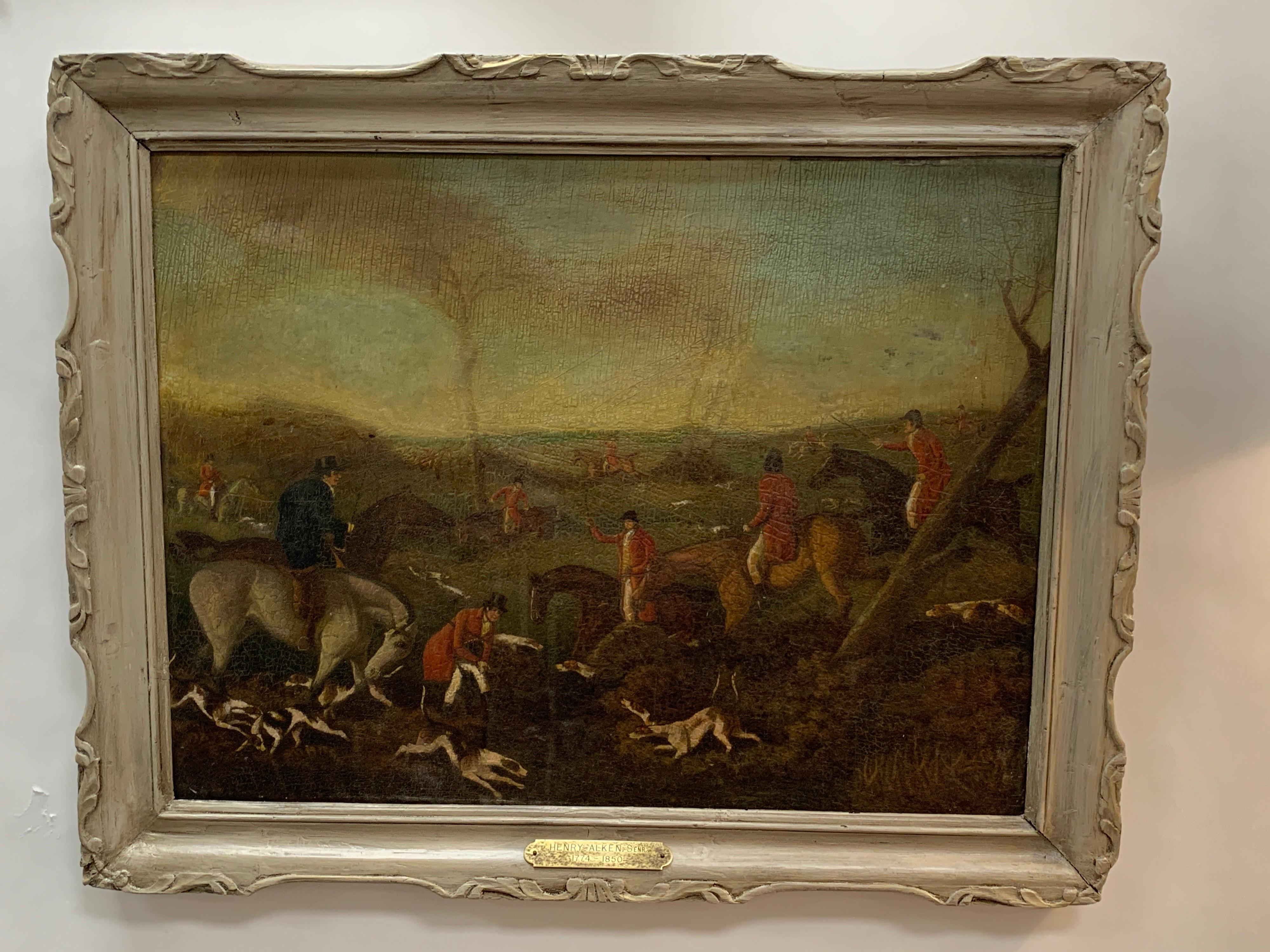 19th century English Fox Hunt, Henry Alken Senior, attributed
Oil on board, retains old world patina, with craquelure surface.
Bears brass attribution plate engraved with
