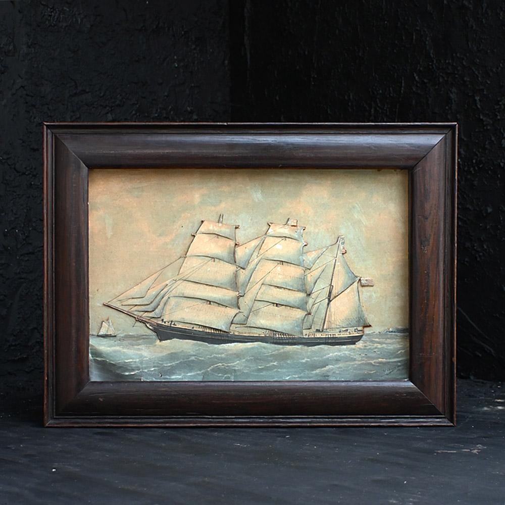 19th Century English Framed Card Ship Diorama Painting  

Displayed in its original wooden frame, this painting of a nautical vessel has cleverly been gives a 3-D folk art effect by cutting into the surface of the card, signed and dated 1882. 