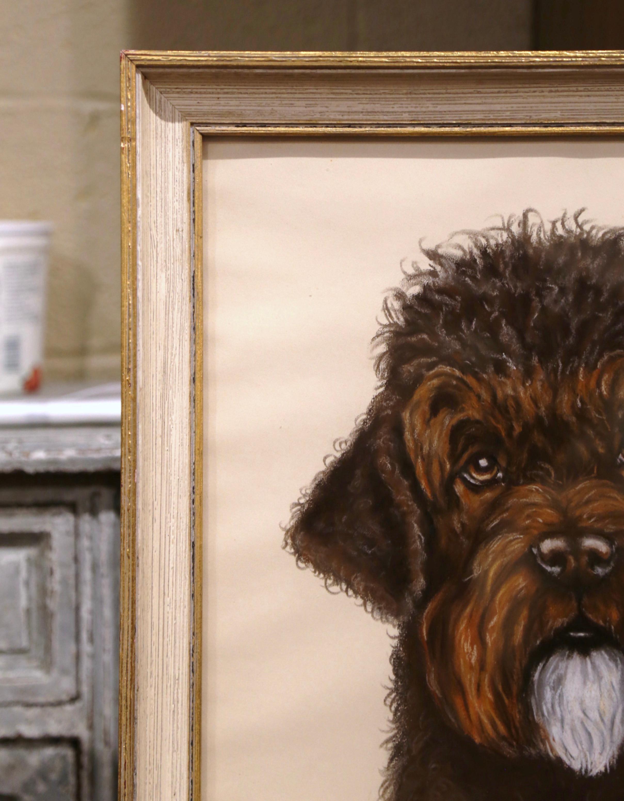 19th Century English Framed Cocker Spaniel Puddle Mix Pastel Signed F. Watz In Excellent Condition For Sale In Dallas, TX