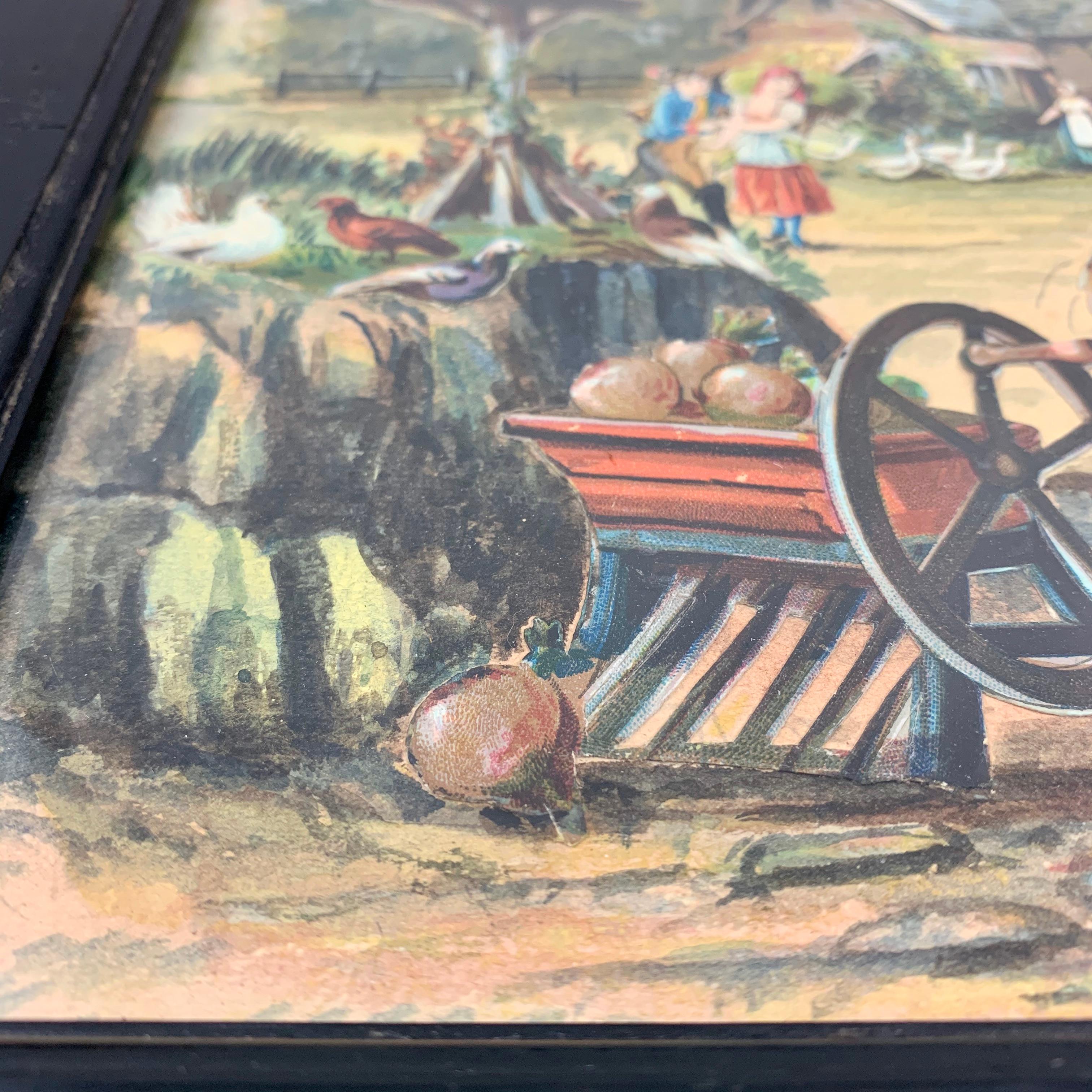 19th Century English Framed Decalomania Découpage & Watercolor Farm Art Picture For Sale 4