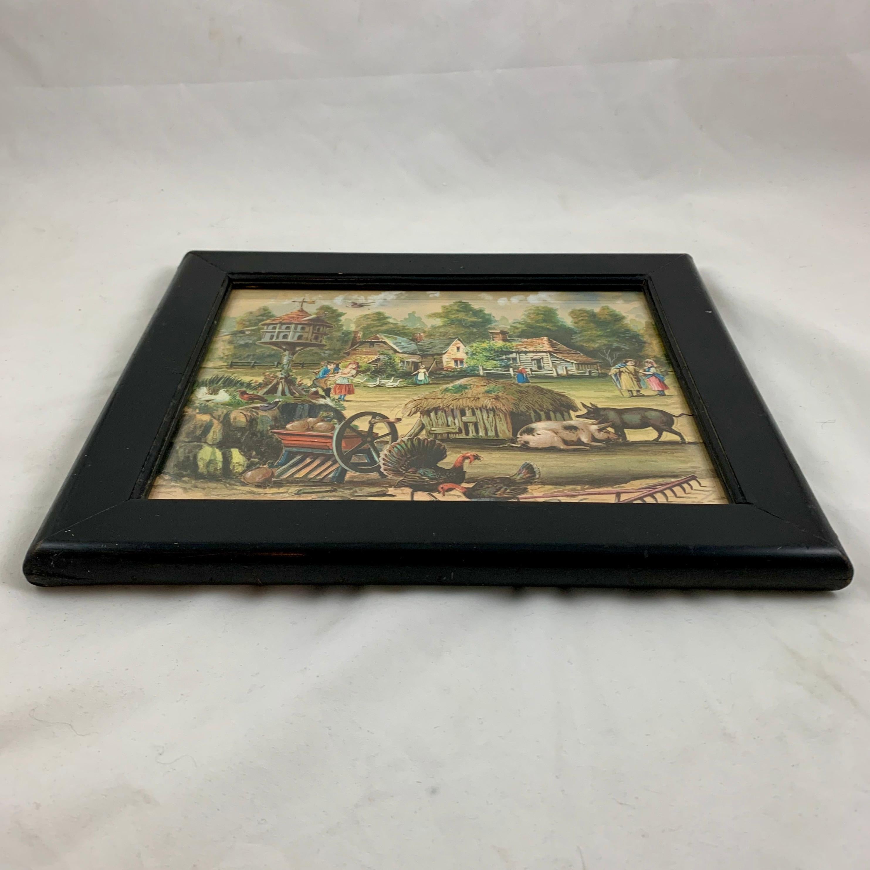19th Century English Framed Decalomania Découpage & Watercolor Farm Art Picture For Sale 5