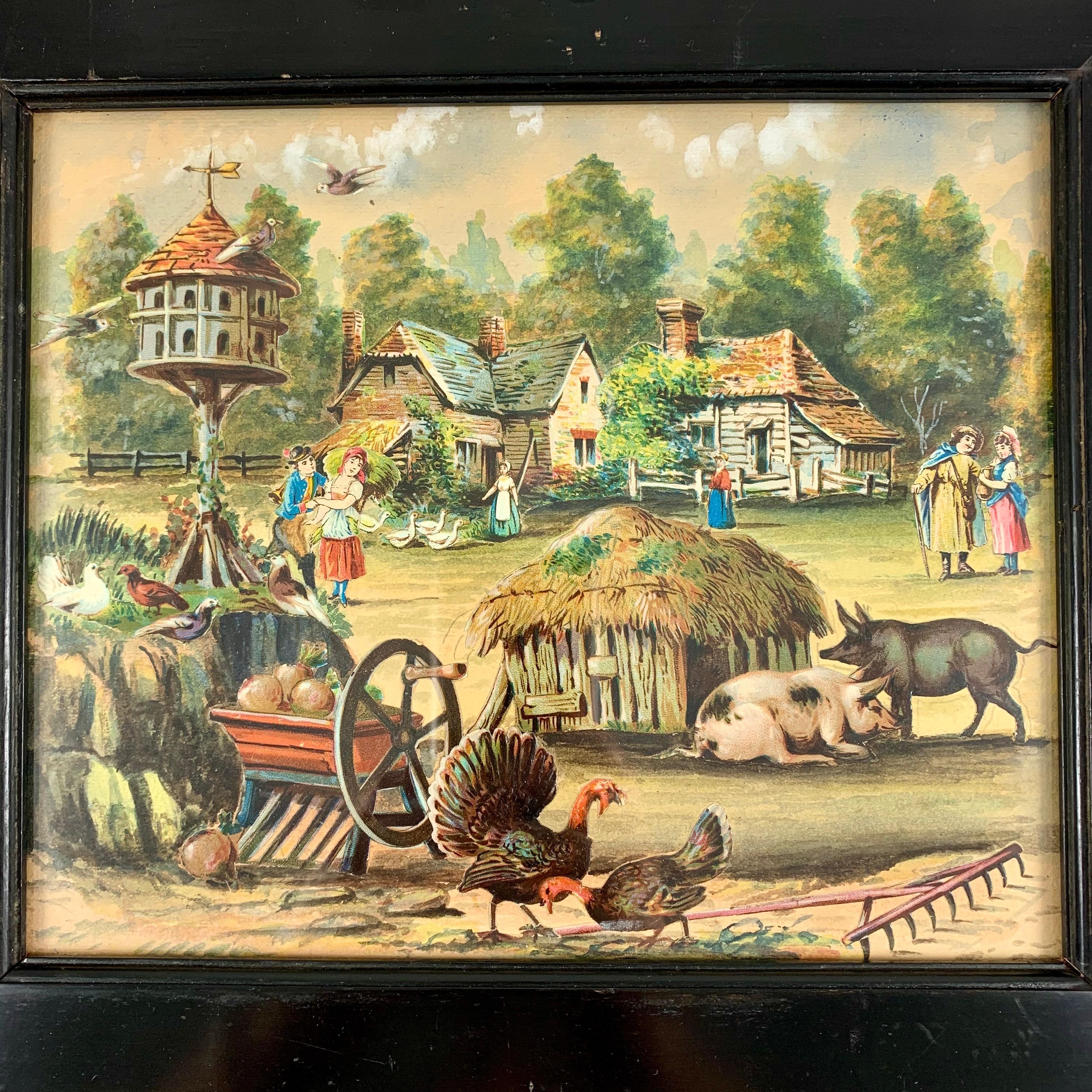 An original British School Decalomania decorative art watercolor and cut paper farm scene mounted in a heavy black wood frame, circa 1860.

These were largely created by young girls from English aristocratic families during the late Georgian to