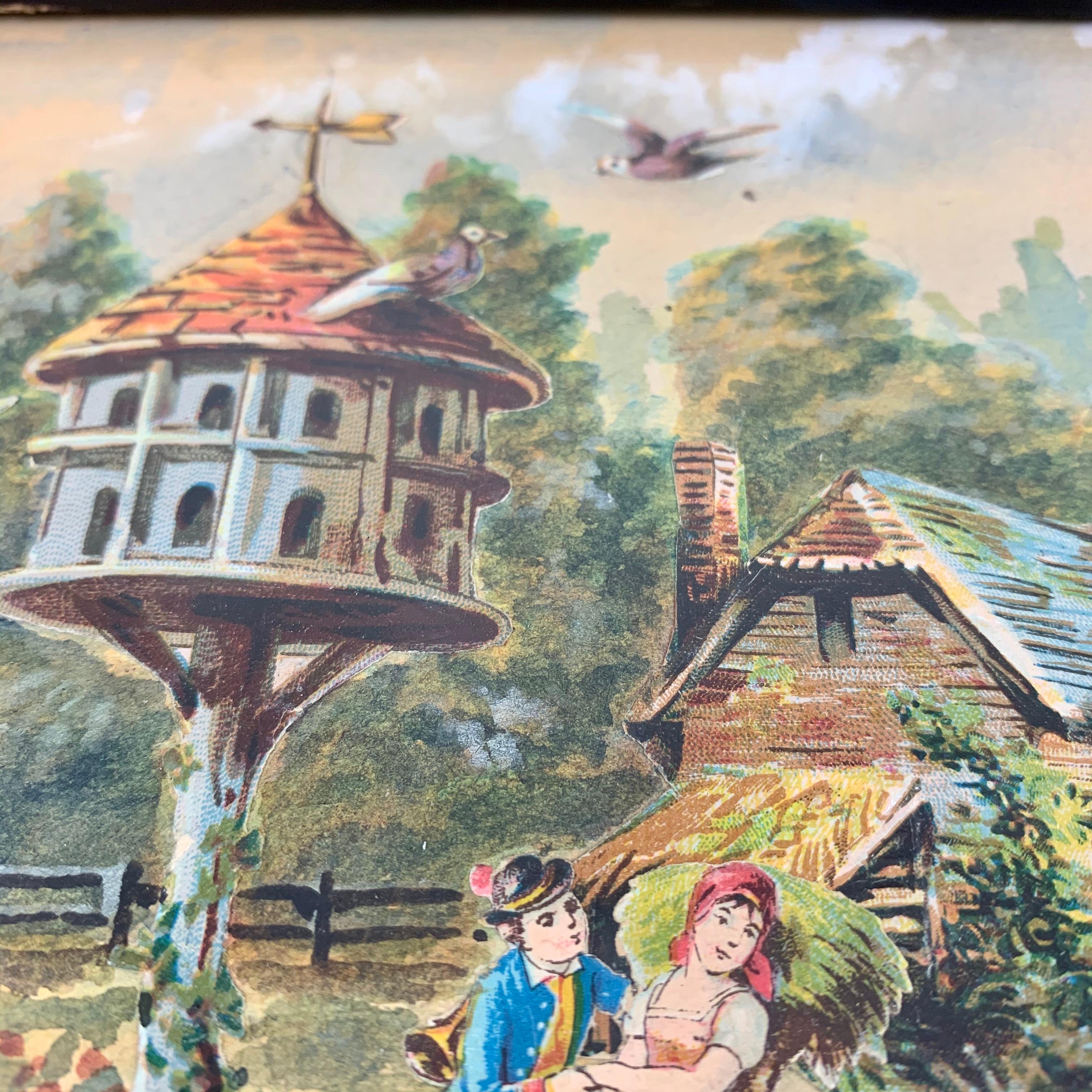 19th Century English Framed Decalomania Découpage & Watercolor Farm Art Picture In Good Condition For Sale In Philadelphia, PA