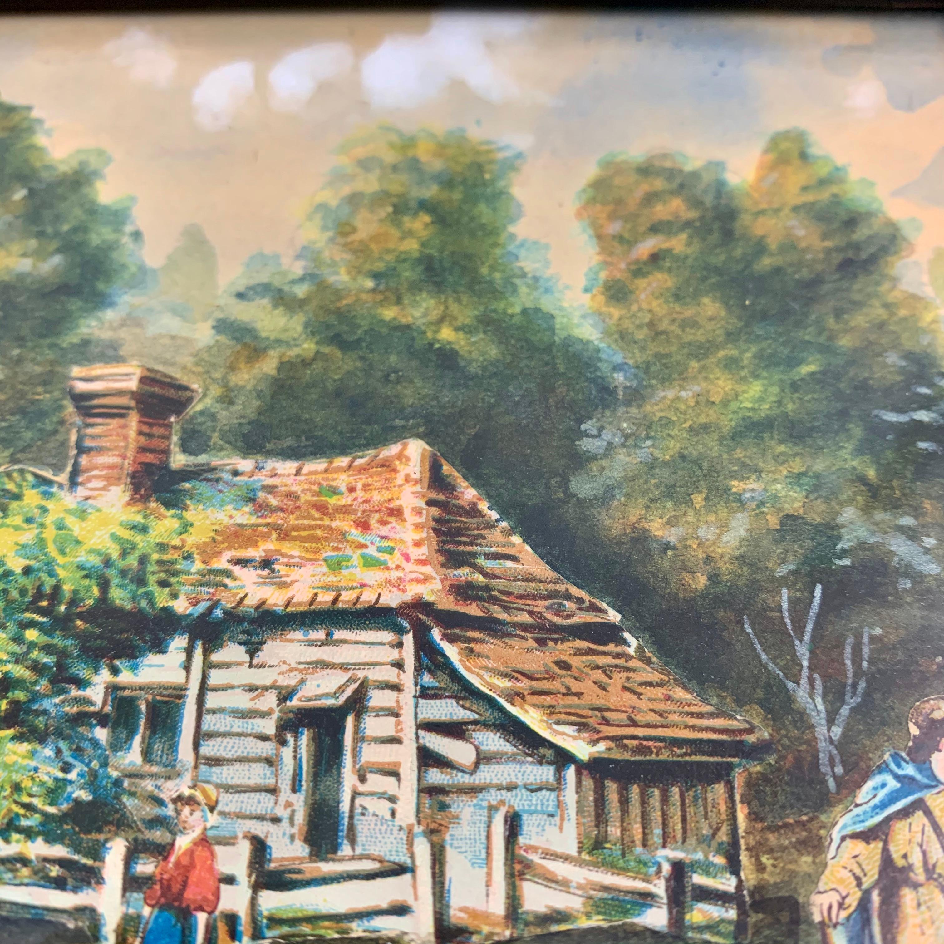 Hardwood 19th Century English Framed Decalomania Découpage & Watercolor Farm Art Picture For Sale