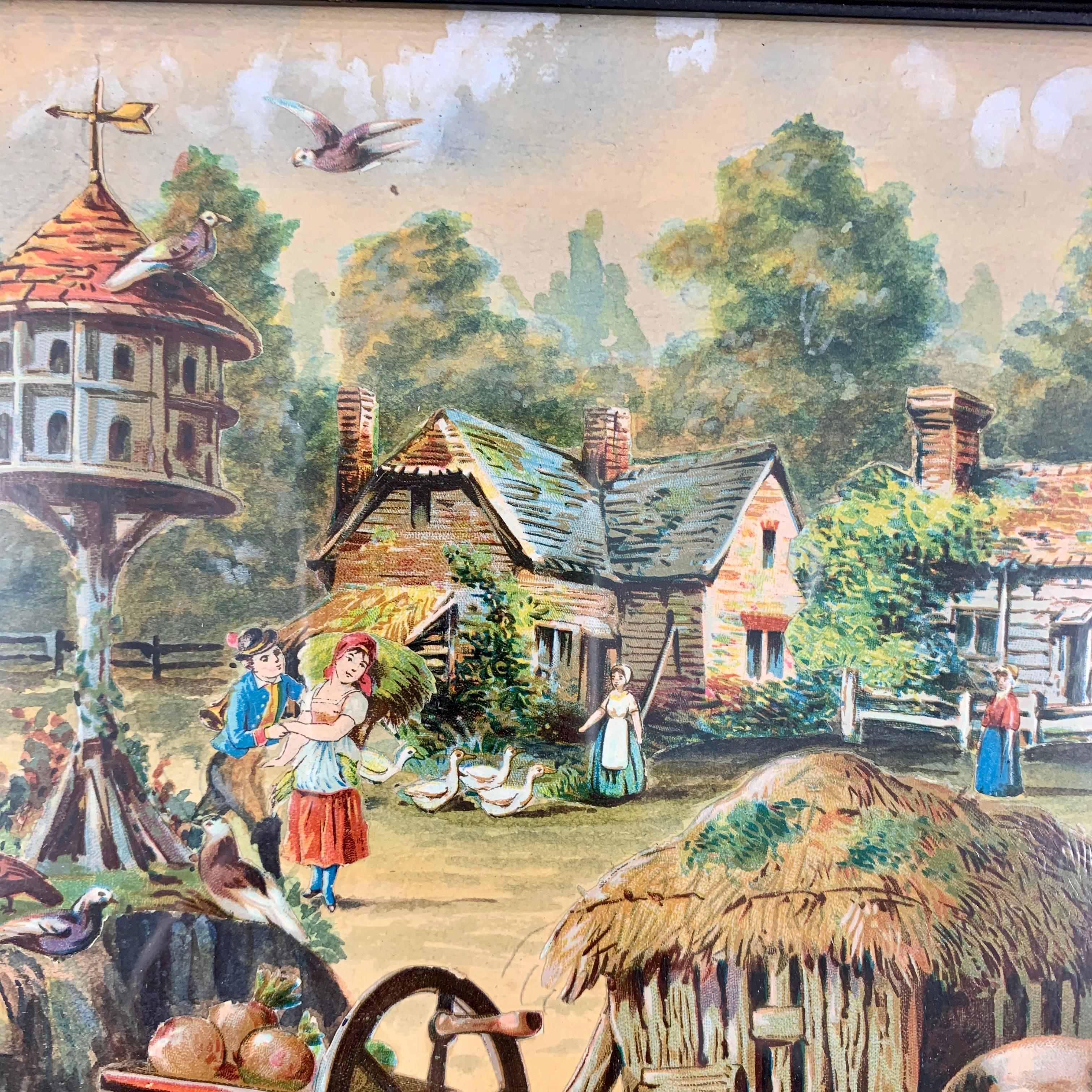 19th Century English Framed Decalomania Découpage & Watercolor Farm Art Picture For Sale 2
