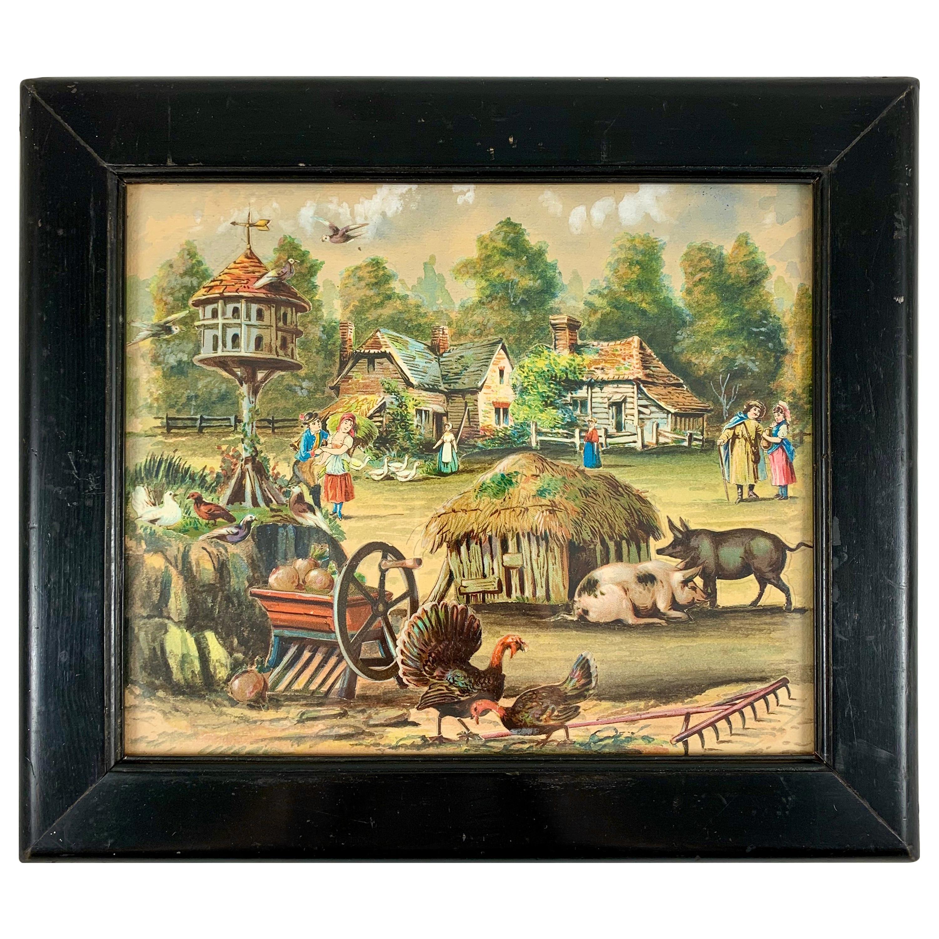 19th Century English Framed Decalomania Découpage & Watercolor Farm Art Picture For Sale