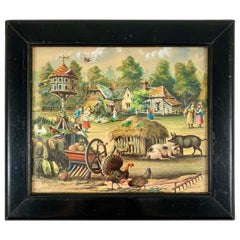 Siglo XIX Cuadro inglés enmarcado de Decalomanía Decoupage y Acuarela Arte de la Granja