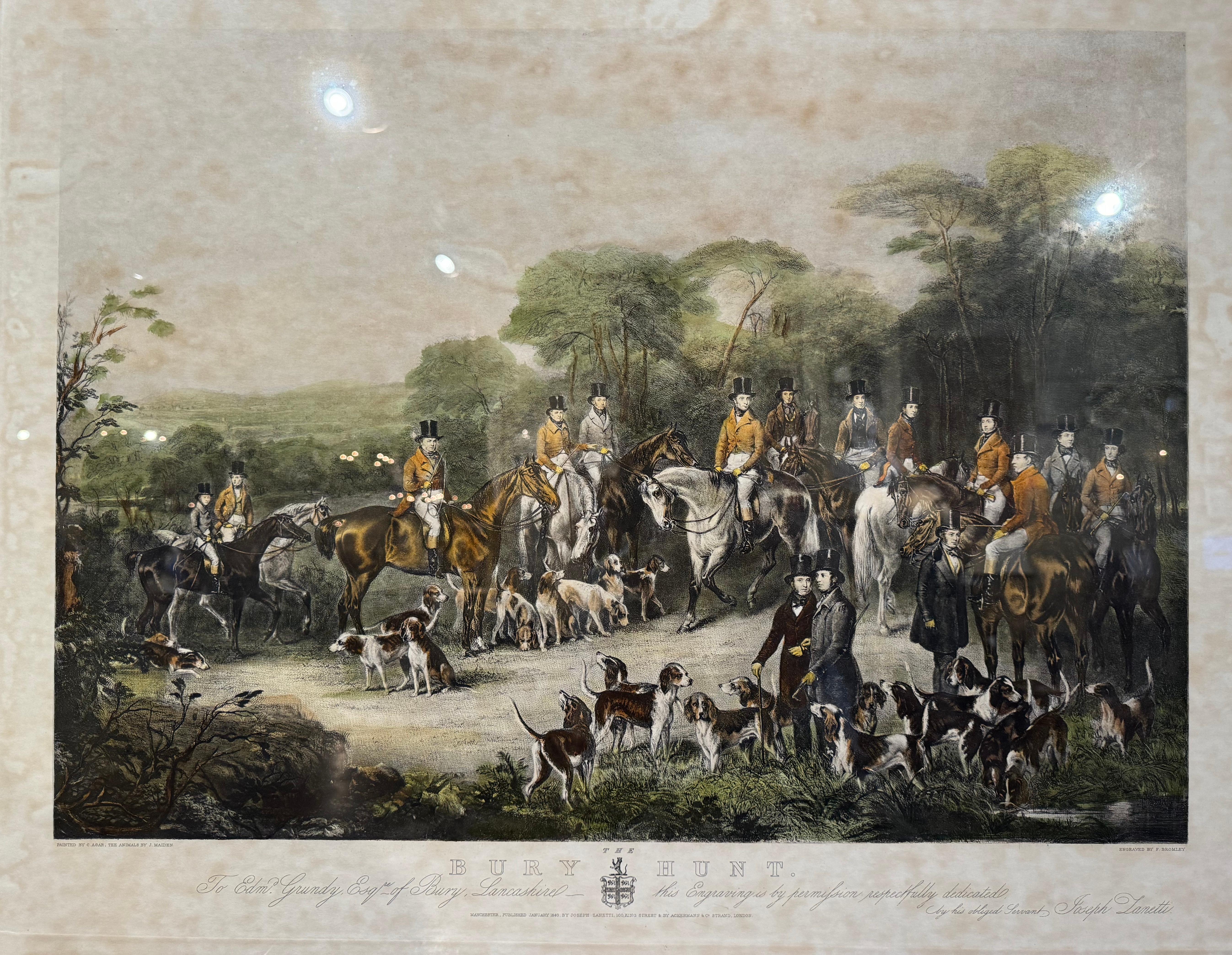Anglais Impression de gravure anglaise du 19ème siècle, colorée à la main, Scène de chasse au brouillard en vente