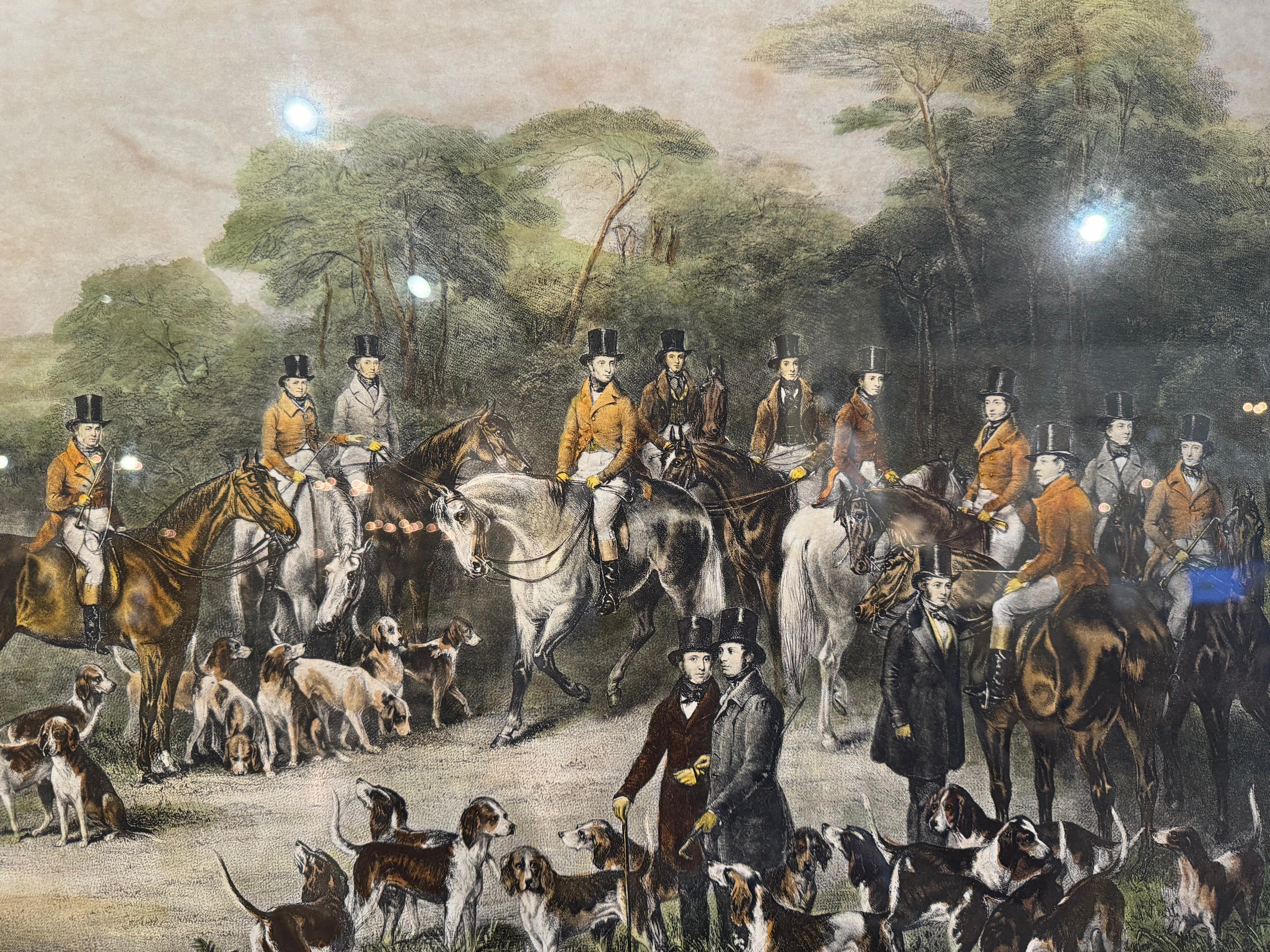 Peint à la main Impression de gravure anglaise du 19ème siècle, colorée à la main, Scène de chasse au brouillard en vente