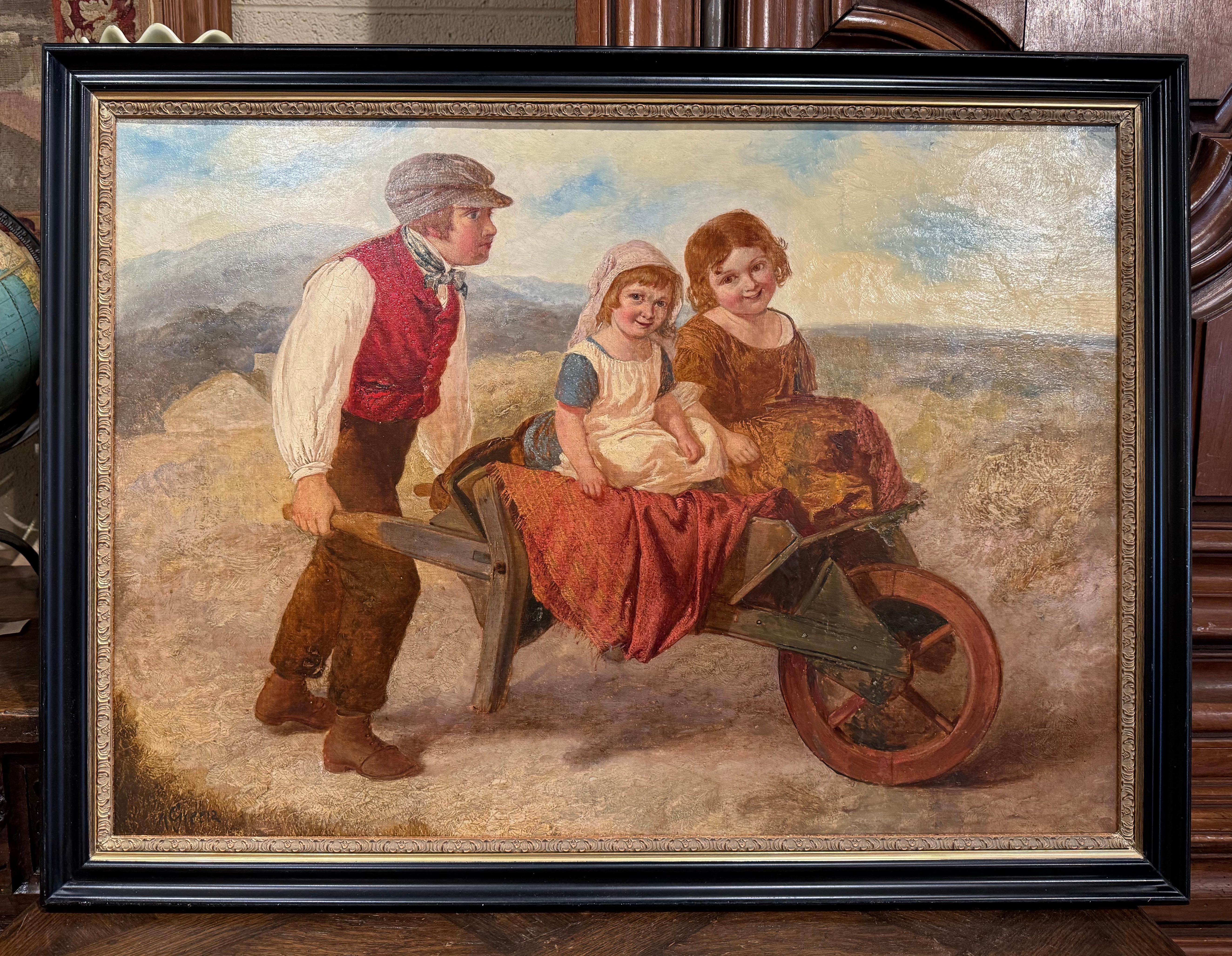 19th Century English Framed Pastoral Oil Painting on Canvas Signed A. Green For Sale 1