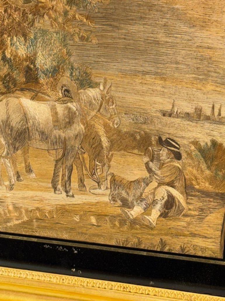 19th Century English Framed Silk Panel with Horses and Wagon In Good Condition For Sale In Dallas, TX